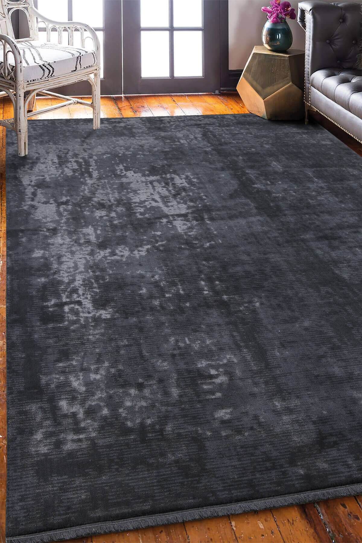 Antrasit Rengi Vintage Bambu Altı Kaymaz Makine Dokuma Halı