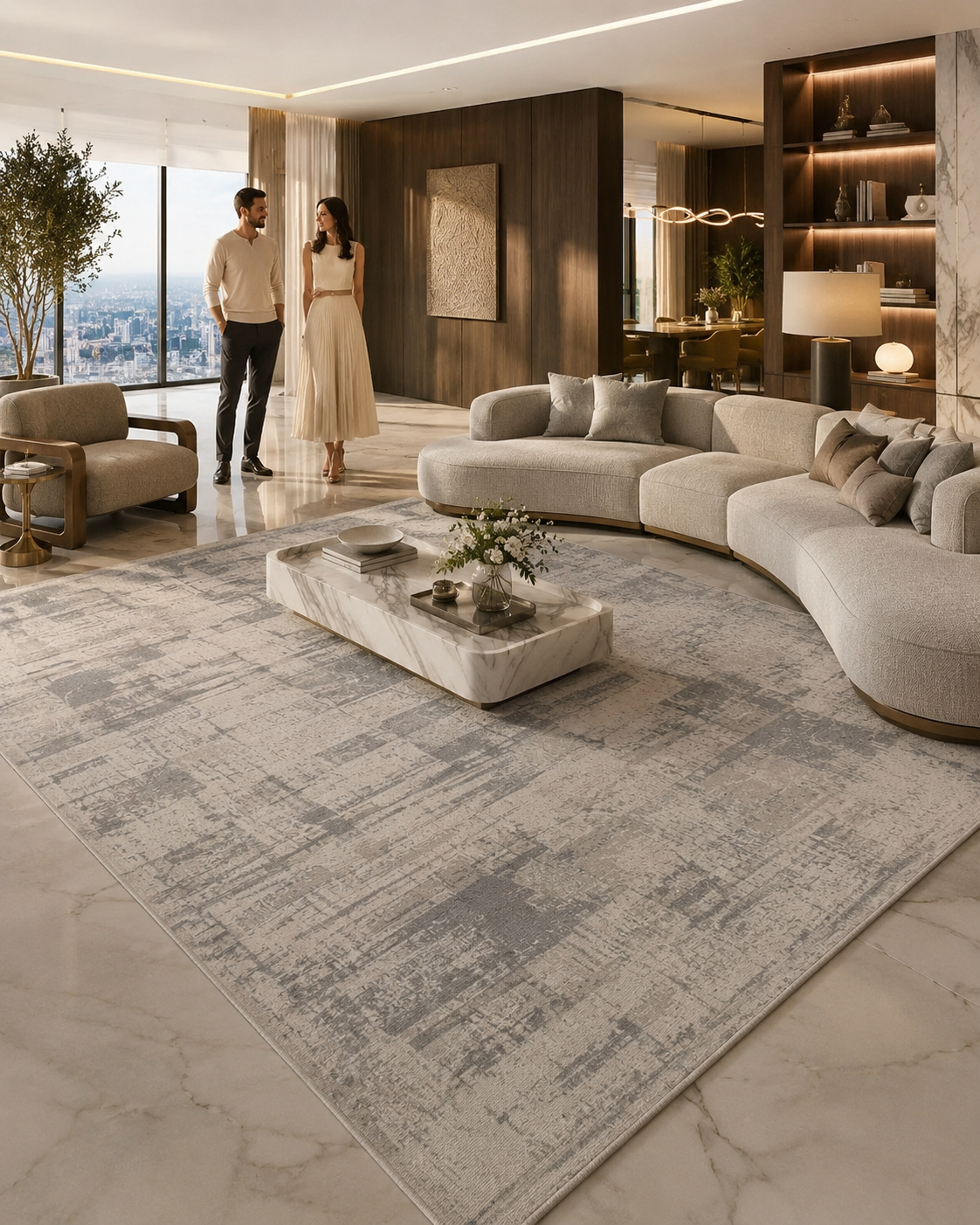 Beliz Viskon Krem Gri Soyut Desenli Tüylenme Yapmayan Toz Tutmaz Premium Salon Halısı | 634
