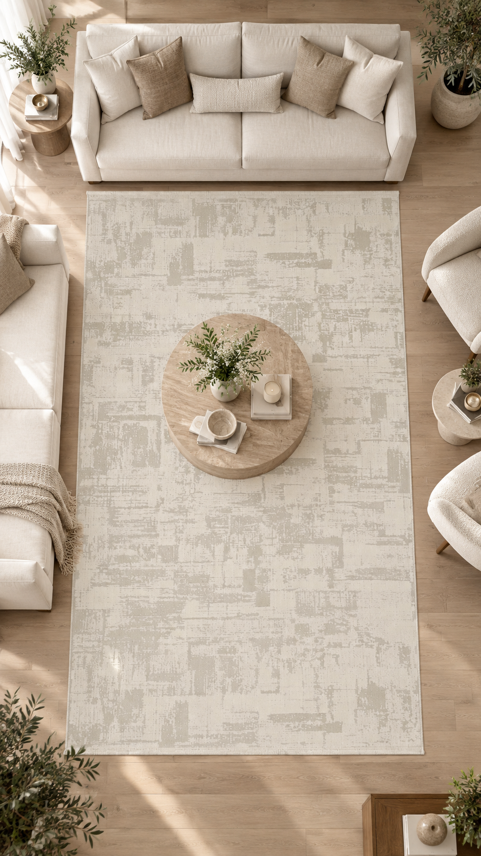Beliz Viskon Krem Soyut Desenli Premium Salon Halısı