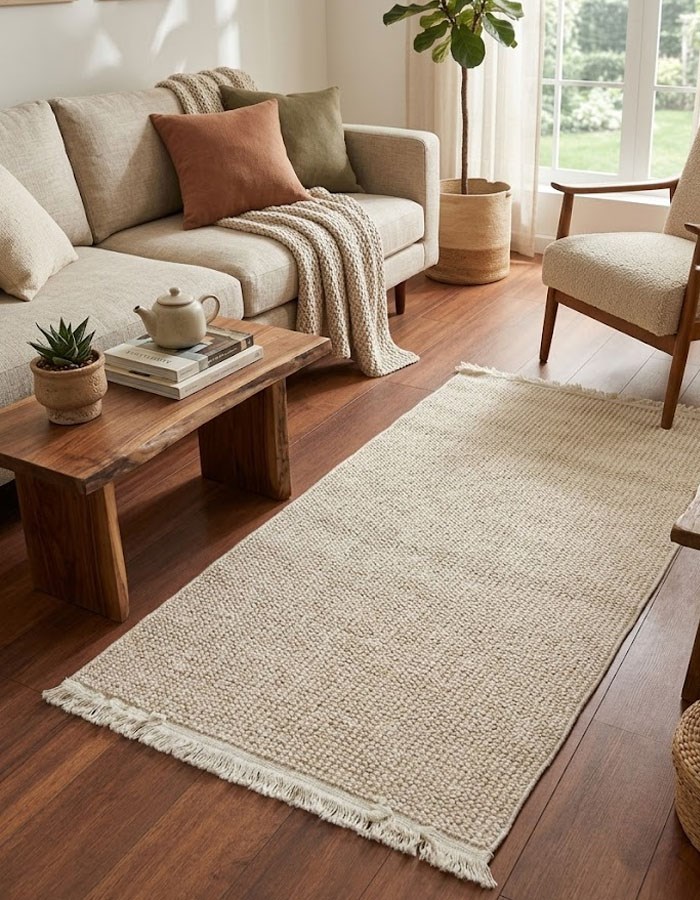 BERFE Serisi Beyaz Açık Kahve Dokulu Saçaklı Kaymaz Taban Modern Halı | 1001