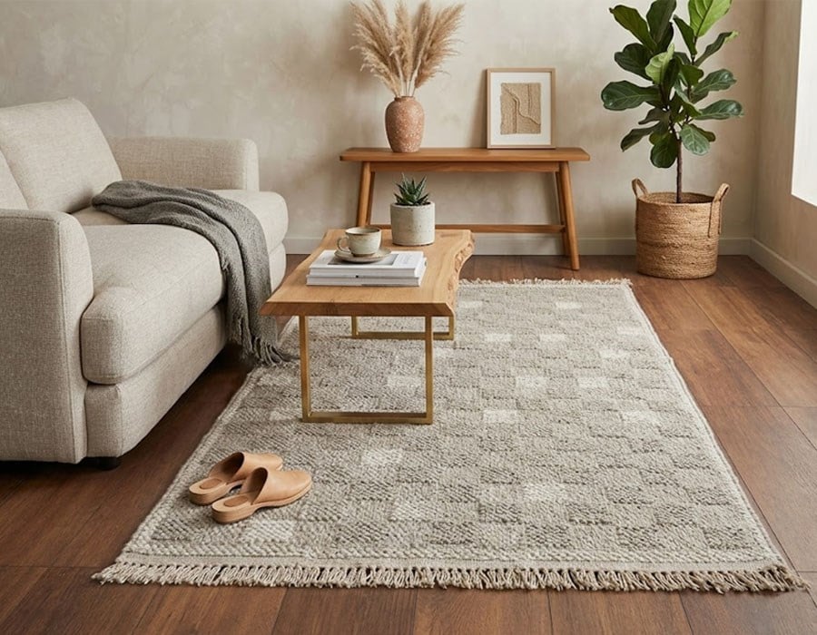 BERFE Serisi Kahverengi Bej Desenli Saçaklı Kaymaz Taban Modern Halı | 1006