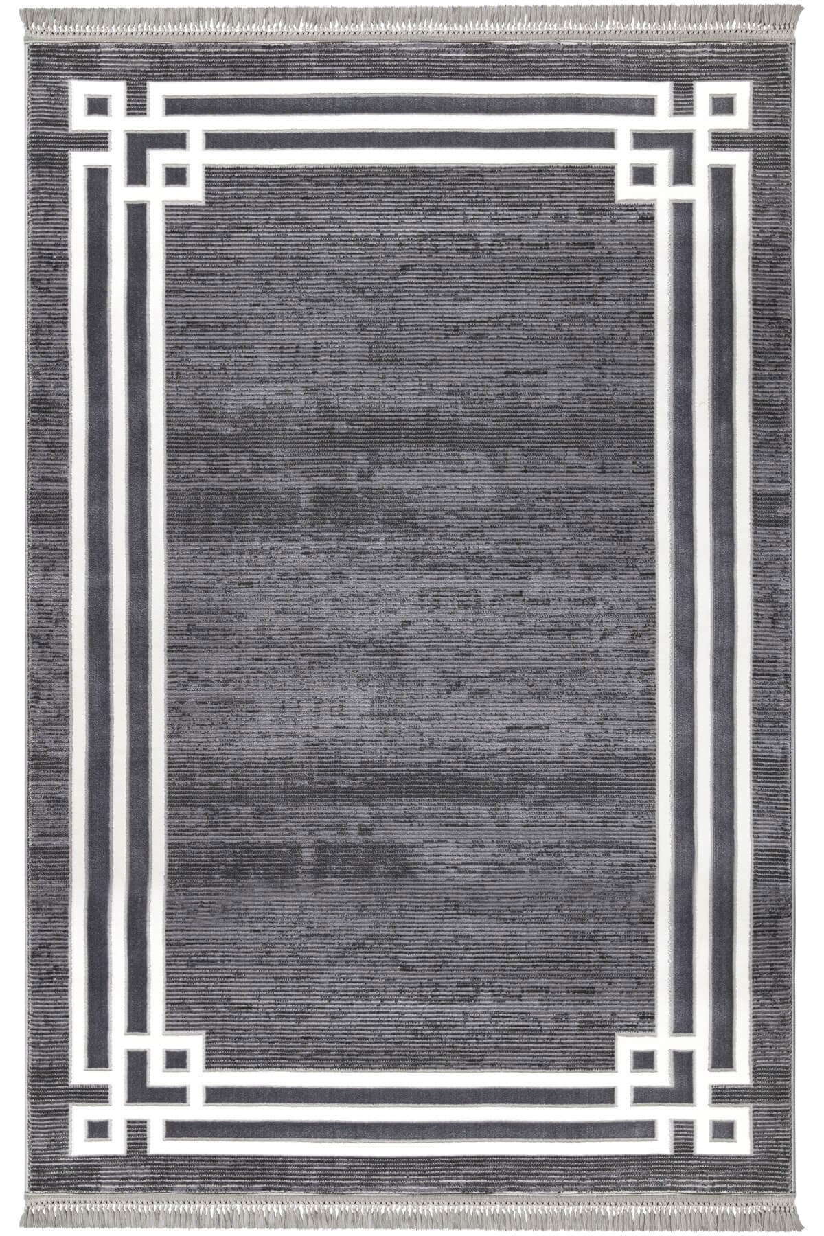 Gri Renkli Beyaz Çerçeve Detaylı  Dokuma Makine Halısı
