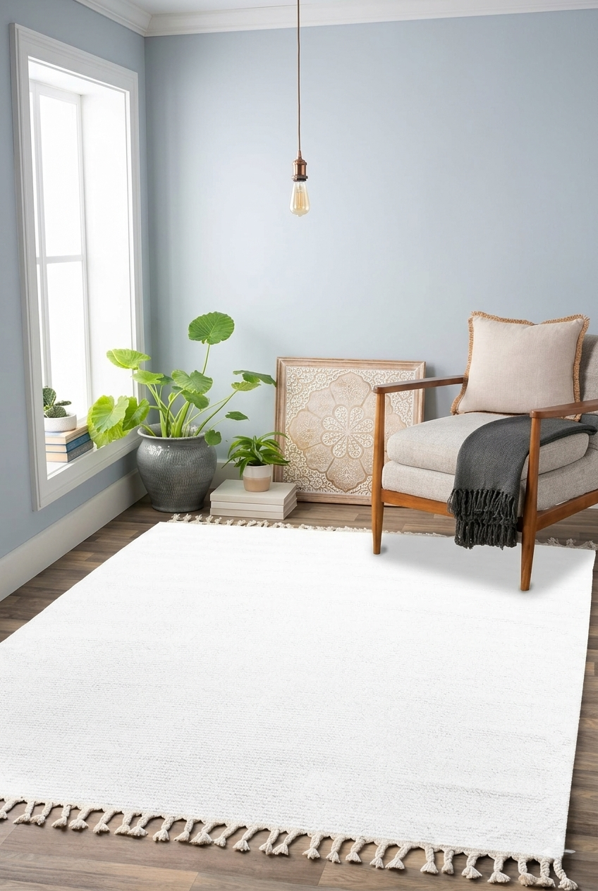 Beyaz Renkli  Soft Iskandinav Peluş Dokulu Makine Halısı
