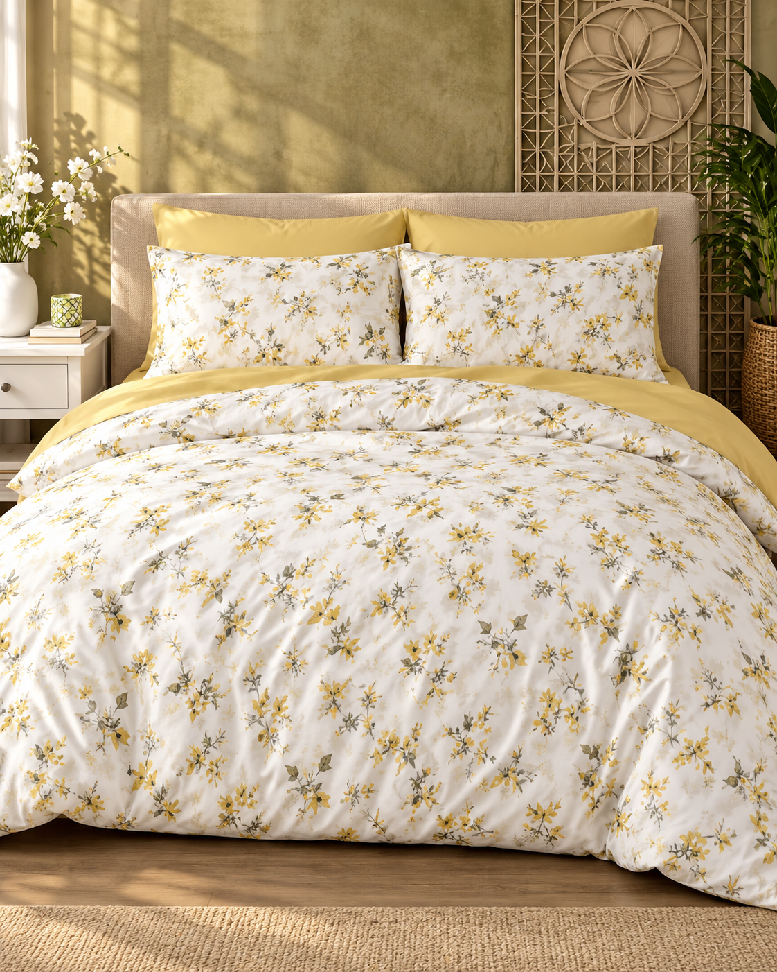Çift Kişilik Desenli Krem Sarı Yastıklı Nevresim Takımı HÇ05 200x220