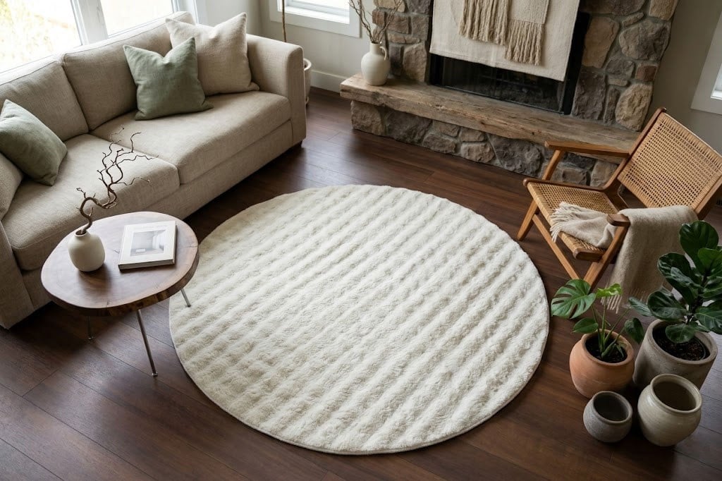 Dream Soft Yuvarlak Beyaz Desenli Yumuşak Yüzeyli Kaymaz Makinede Yıkanabilir Halı