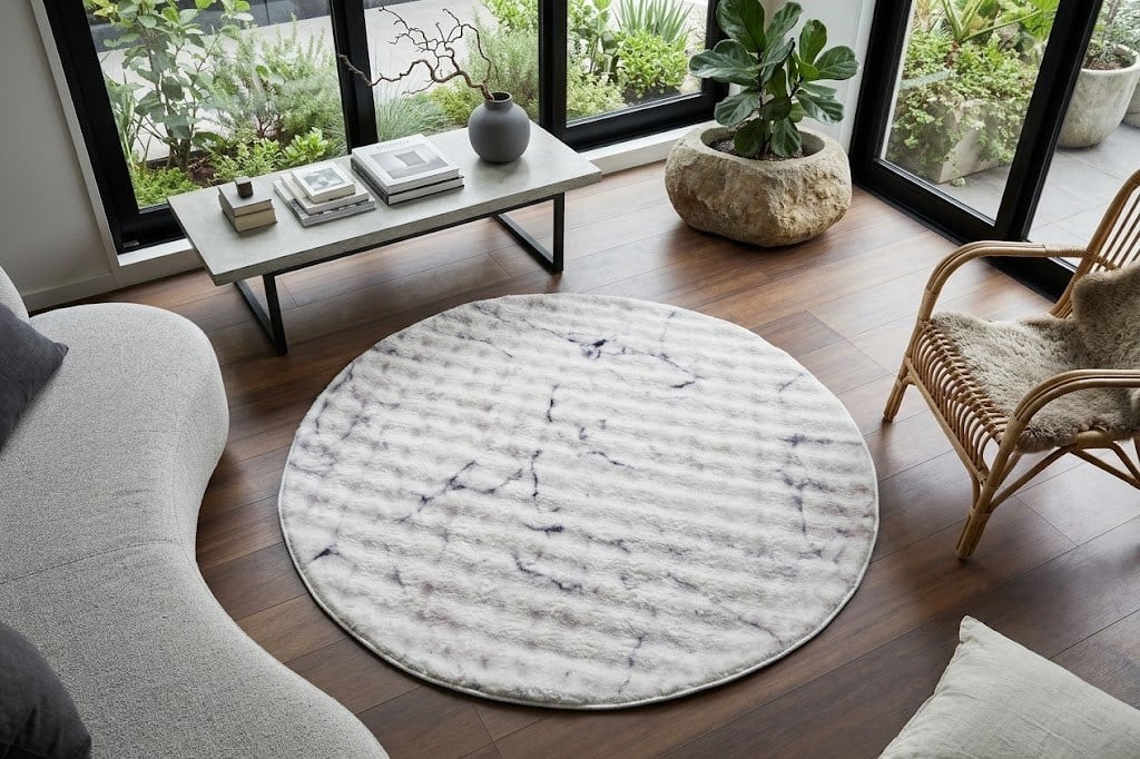 Dream Soft Yuvarlak Mermer Desenli Yumuşak Yüzeyli Kaymaz Makinede Yıkanabilir Halı