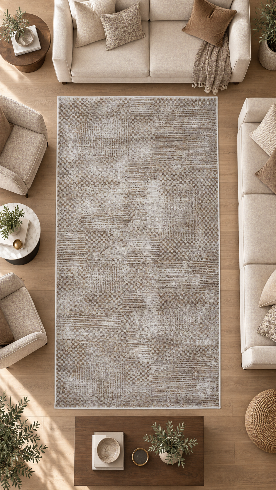 Eva Vintage Modern Halı Vizon ve Kahverengi Kare Dikdörtgen Salon Halısı | Sultan Halı