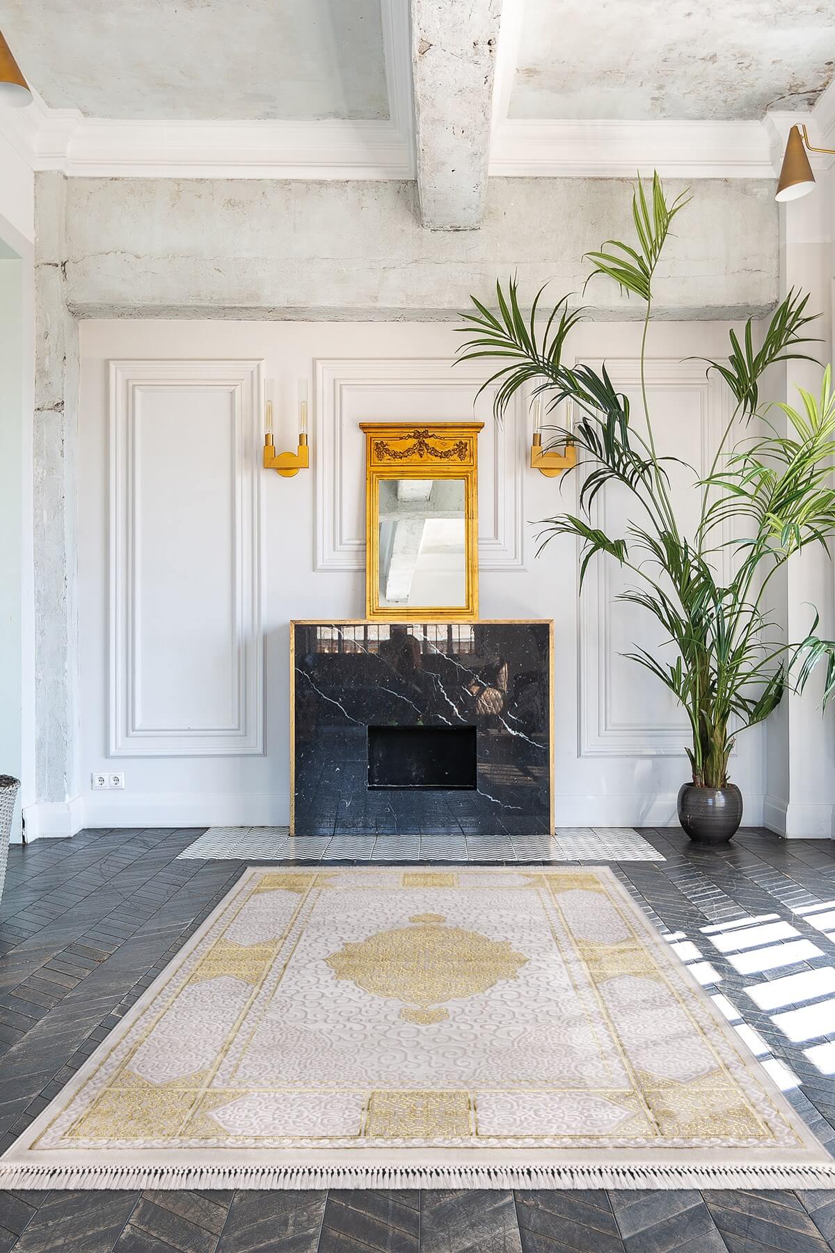 Krem Renkli Gold Göbek Detaylı Dokuma Makine Halısı