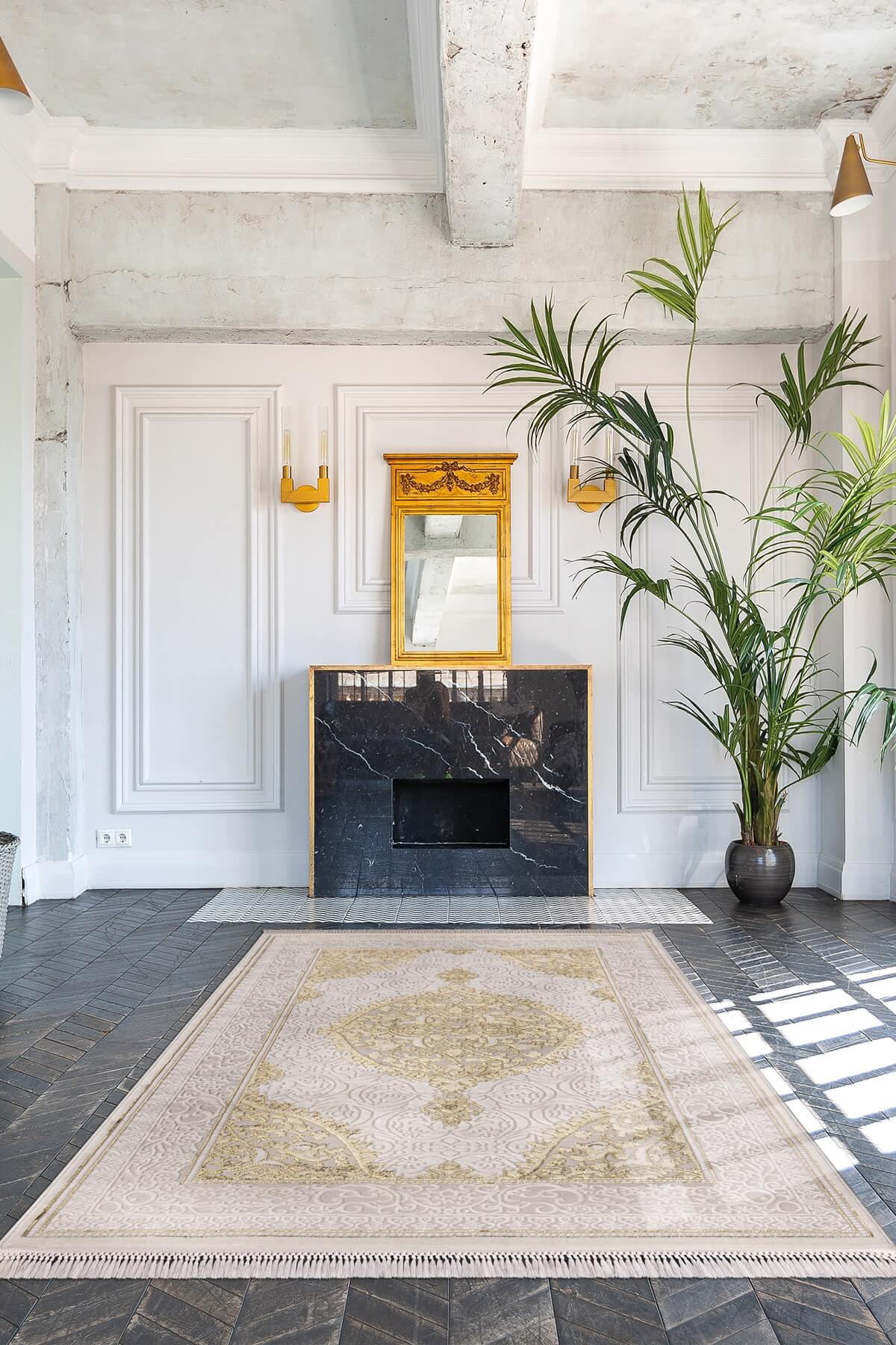 Krem Renkli Gold Çerçeve Detaylı  Dokuma Makine Halısı