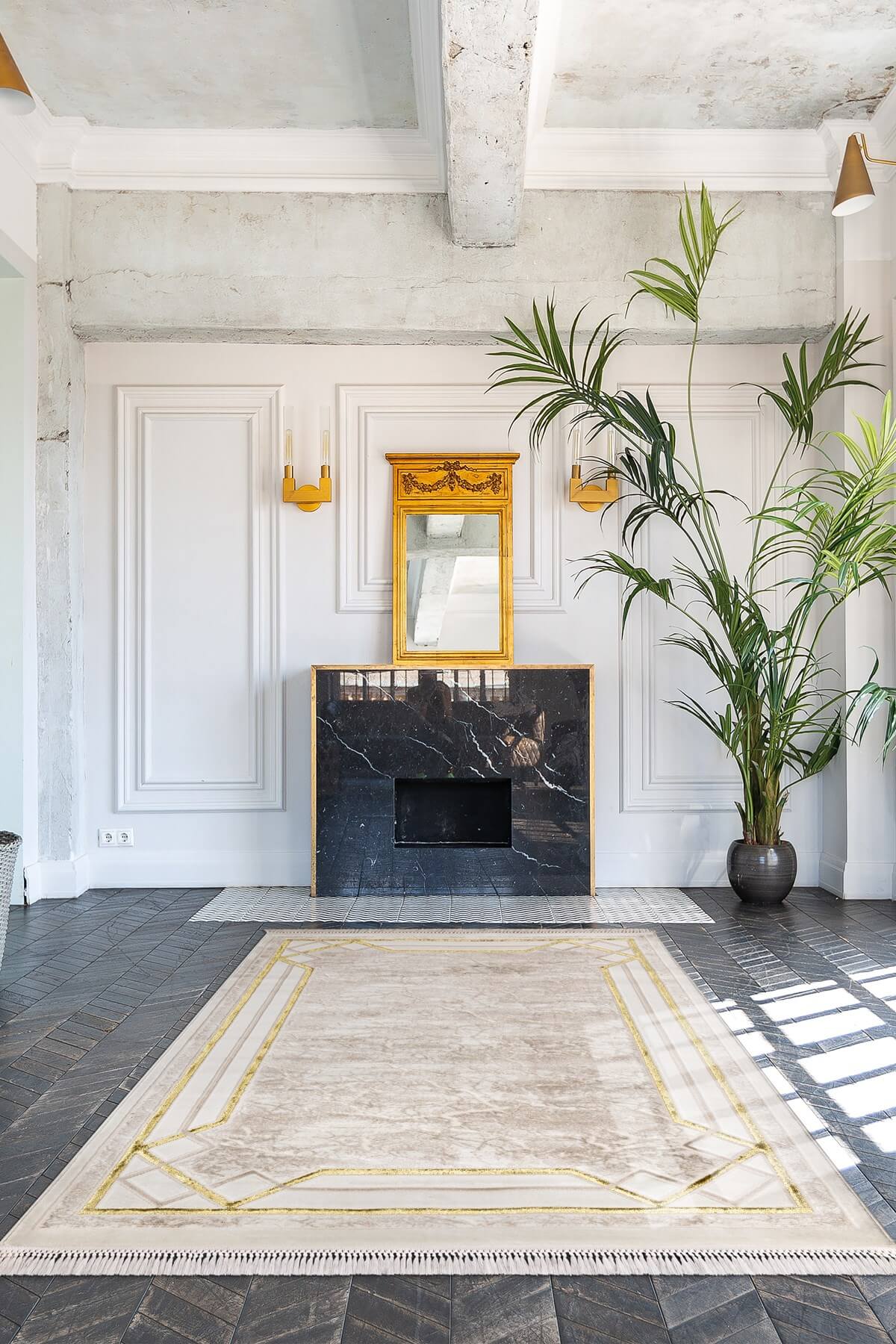 Krem Renkli Gold Çerçeve Detaylı  Dokuma Makine Halısı