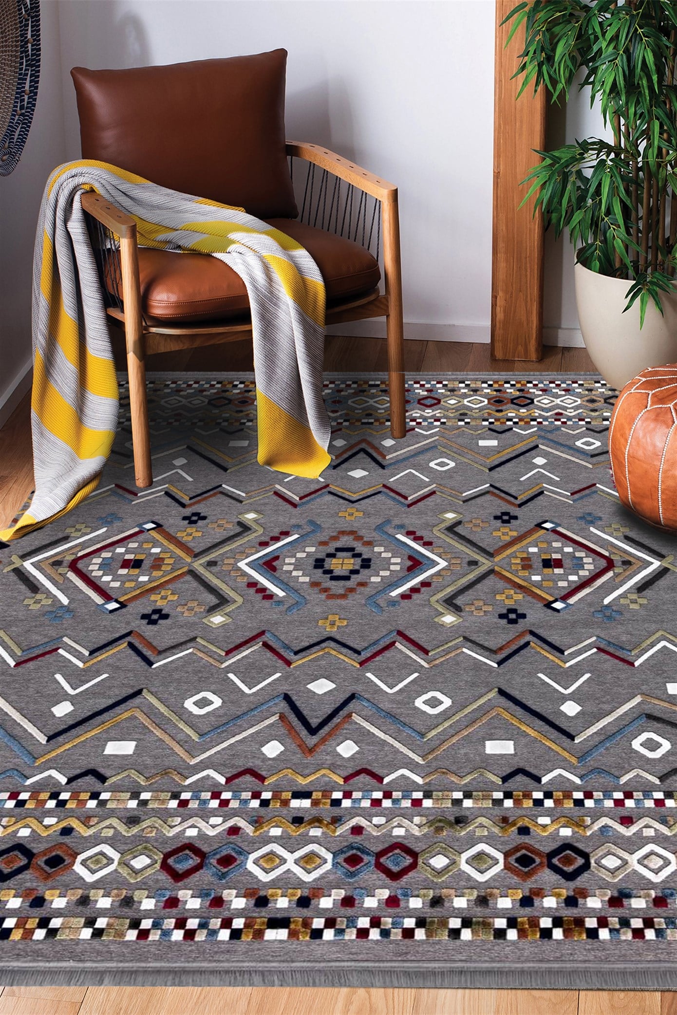 Gri Viskon Altı Kaymaz  Modern Desenli Halı-0040