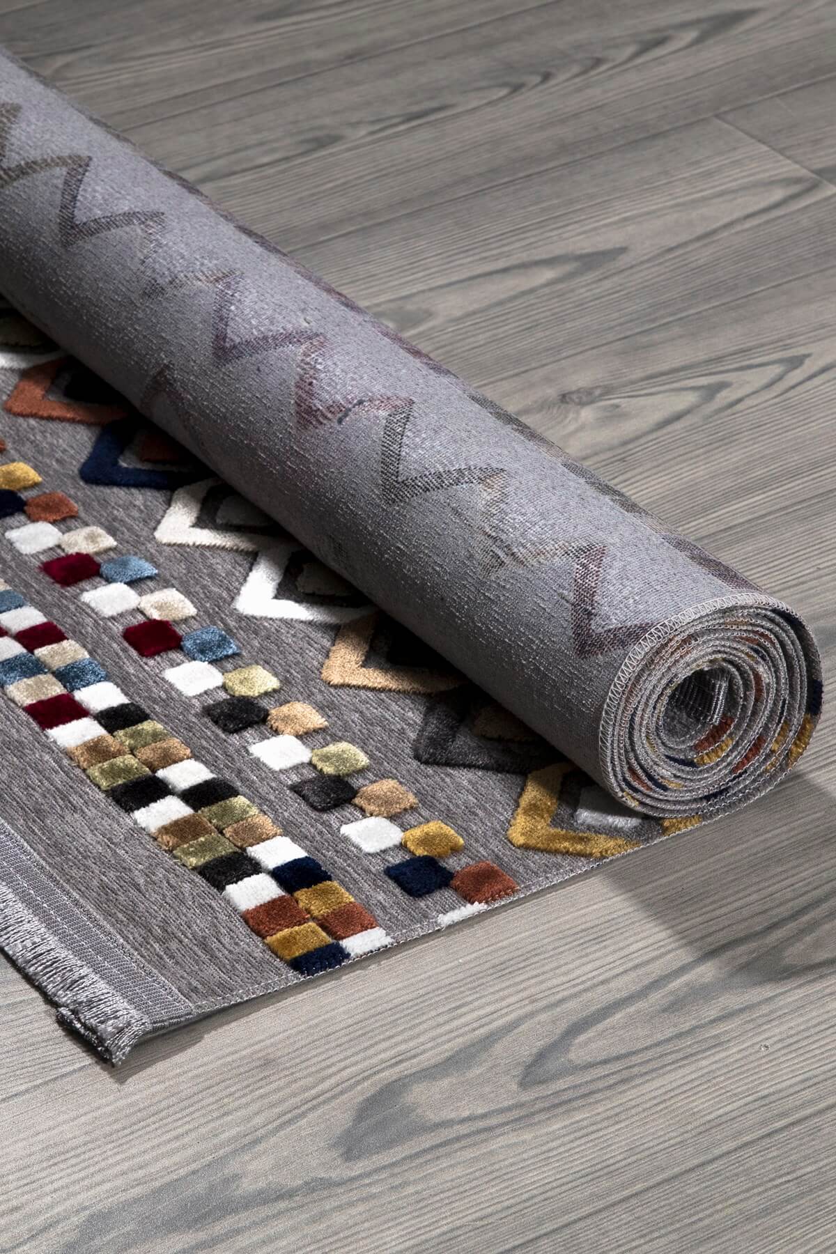 Gri Viskon Altı Kaymaz  Modern Desenli Halı-0040