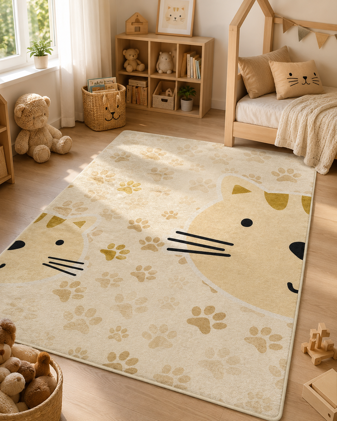 Kedi Desenli Sarı Çocuk Odası Halısı-4002