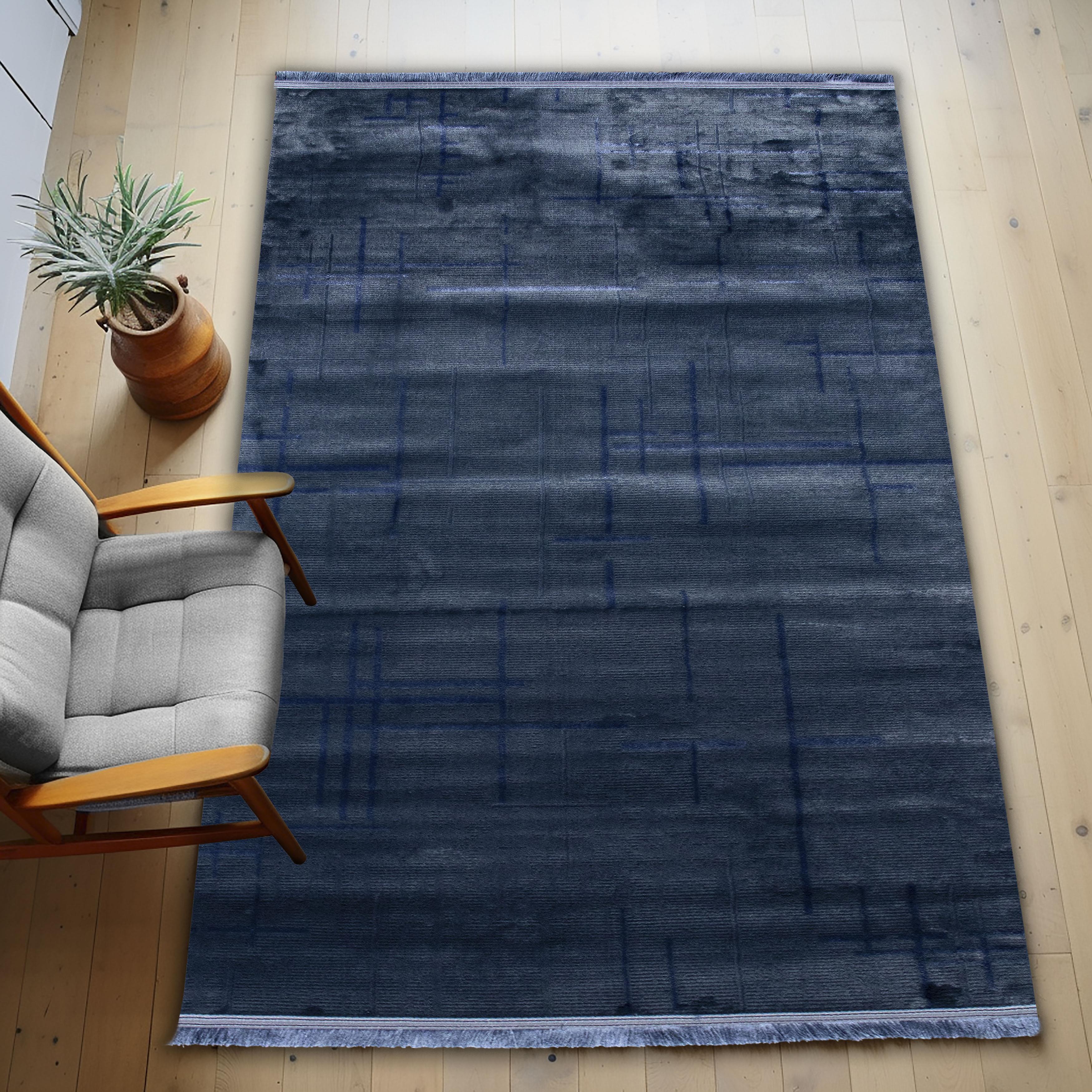 Lacivert Renk Lotus Bambu Model Altı Kaymaz Makine Dokuma Halı