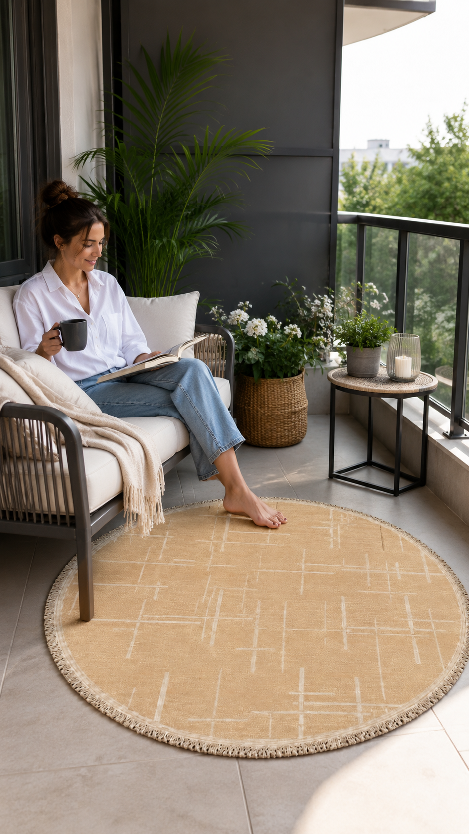 Lotus Bambu Model Altı Kaymaz Yuvarlak Makine Dokuma Halı Krem