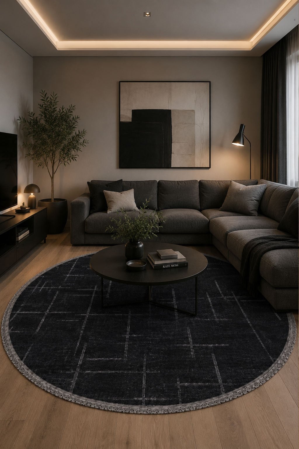 Lotus Bambu Model Altı Kaymaz Yuvarlak Makine Dokuma Halı Antrasitt