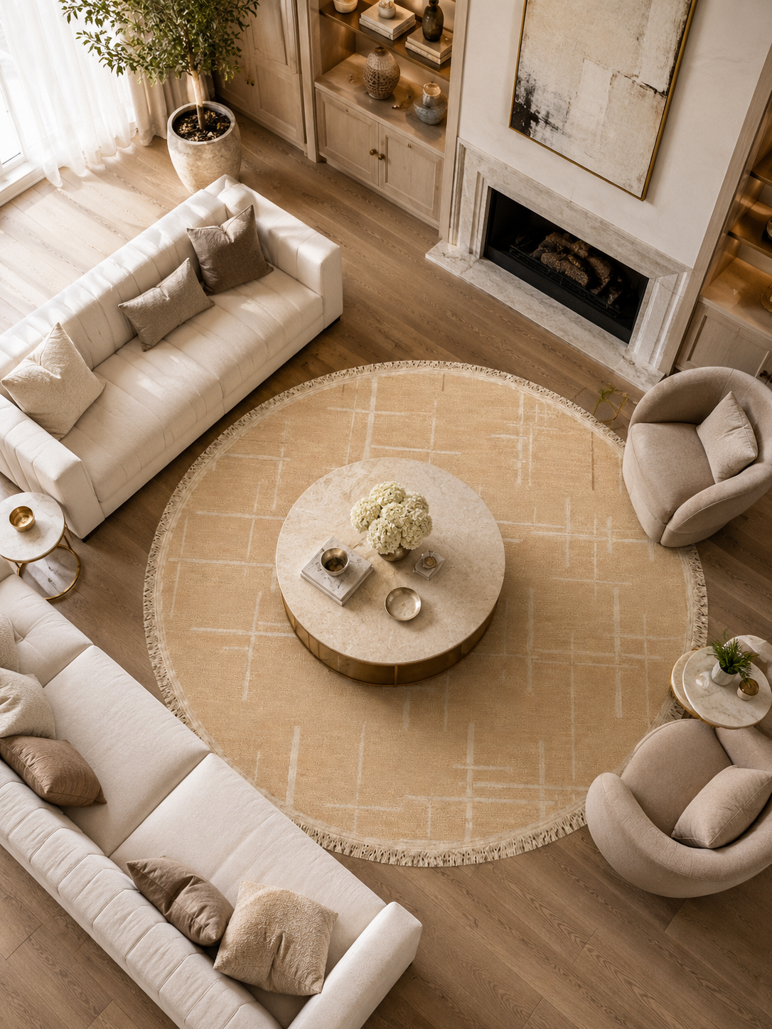 Lotus Bambu Model Altı Kaymaz Yuvarlak Makine Dokuma Halı Krem