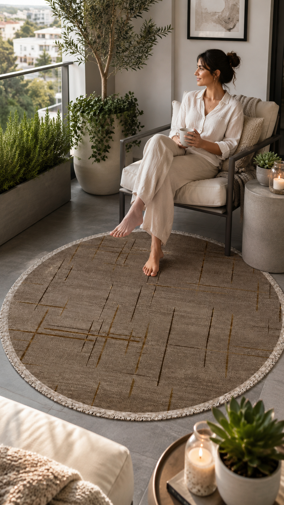 Lotus Bambu Model Altı Kaymaz Yuvarlak Makine Dokuma Halı Vizon