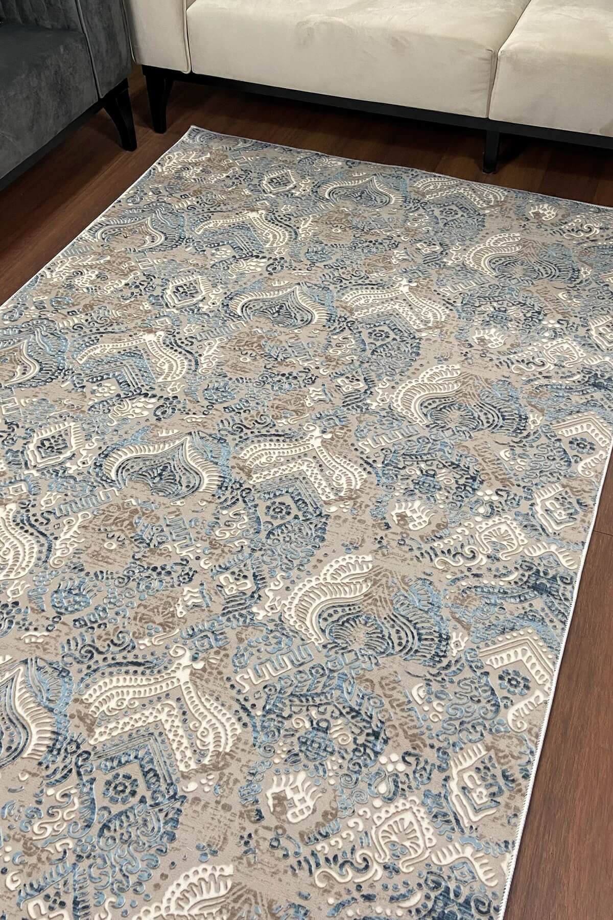 Mavi Renkli Altı Kaymaz Yıkanabilir Desenli Halı