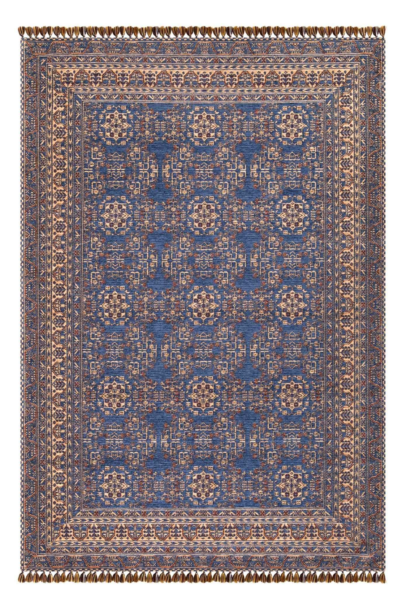 Mavi Renkli Afgan Tarzı Altı Kaymaz Yıkanabilir Şönil Kilim