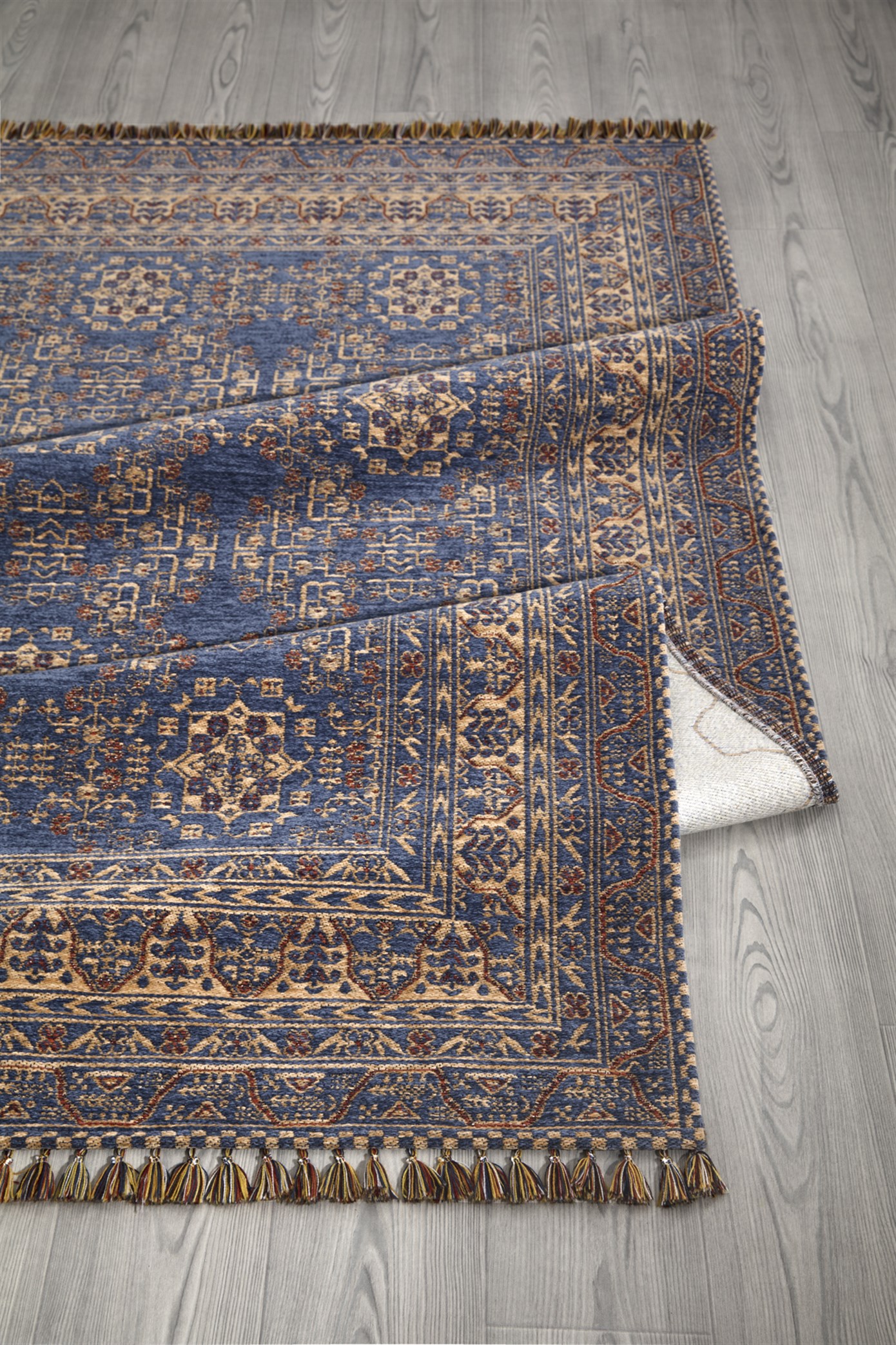 Mavi Renkli Afgan Tarzı Altı Kaymaz Yıkanabilir Şönil Kilim