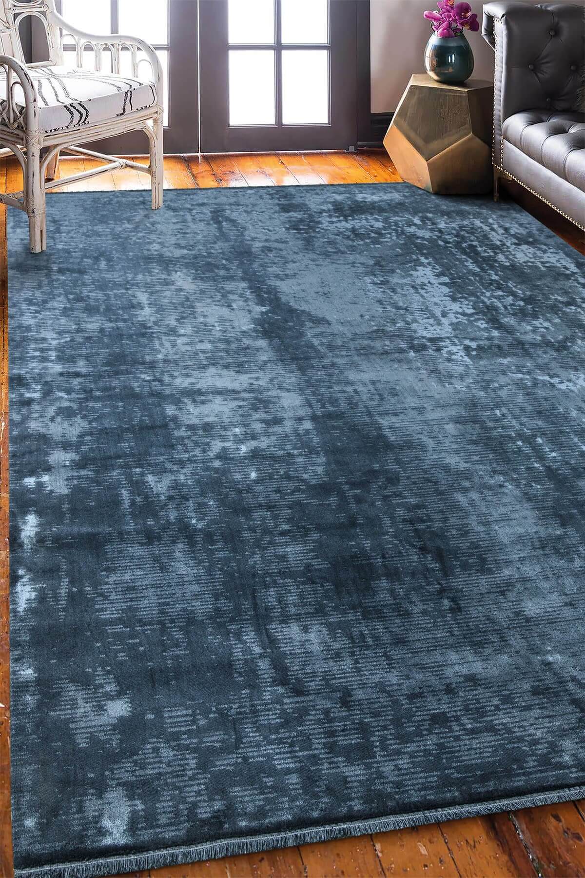 Mavi Rengi Vintage Bambu Altı Kaymaz Makine Dokuma Halı