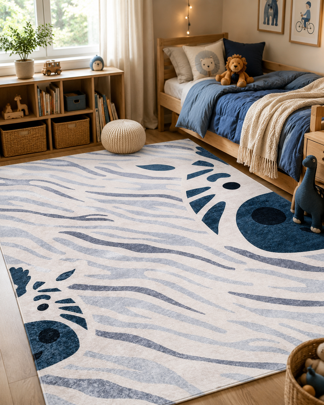 Mavi Zebra Desenli Çocuk Odası Halısı-4001