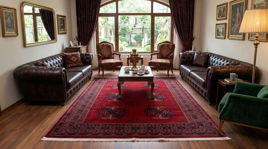 NAKIŞ Serisi Kırmızı Zeminli Lacivert Motifli Şık Salon Halısı | AF305 RED