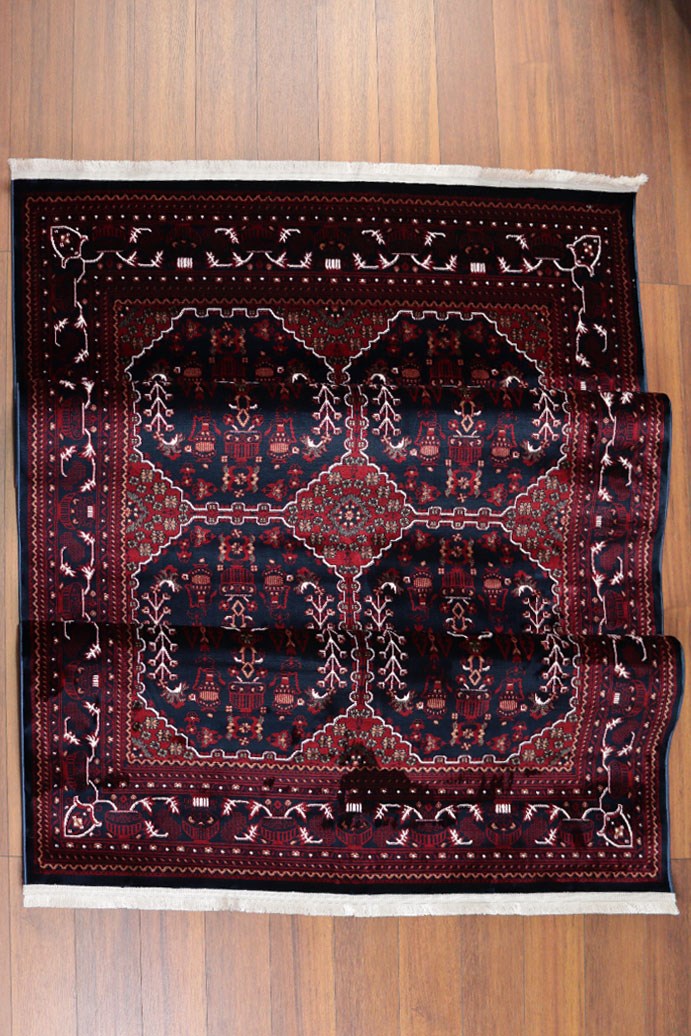 NAKIŞ Serisi Lacivert Bordürlü Kırmızı Motifli Şık Salon Halısı | AF306 NAVY