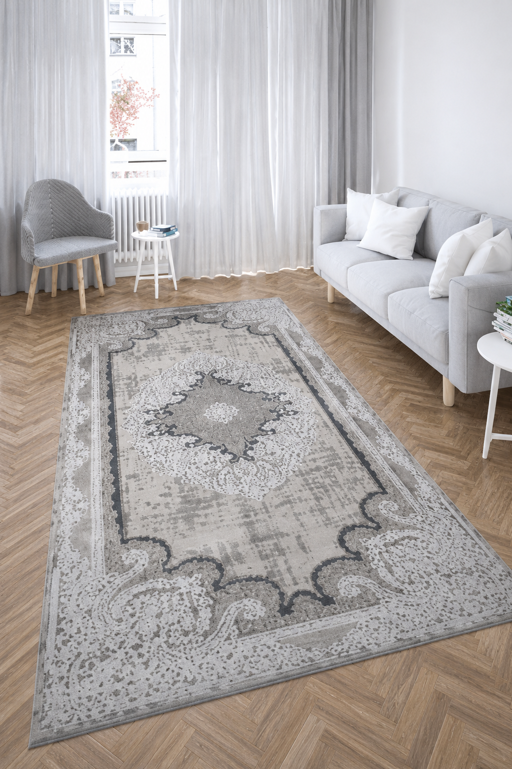 Nostalji Seri Gri Klasik Motifli Altı Kaymaz Makine Dokuma Halı | 13631