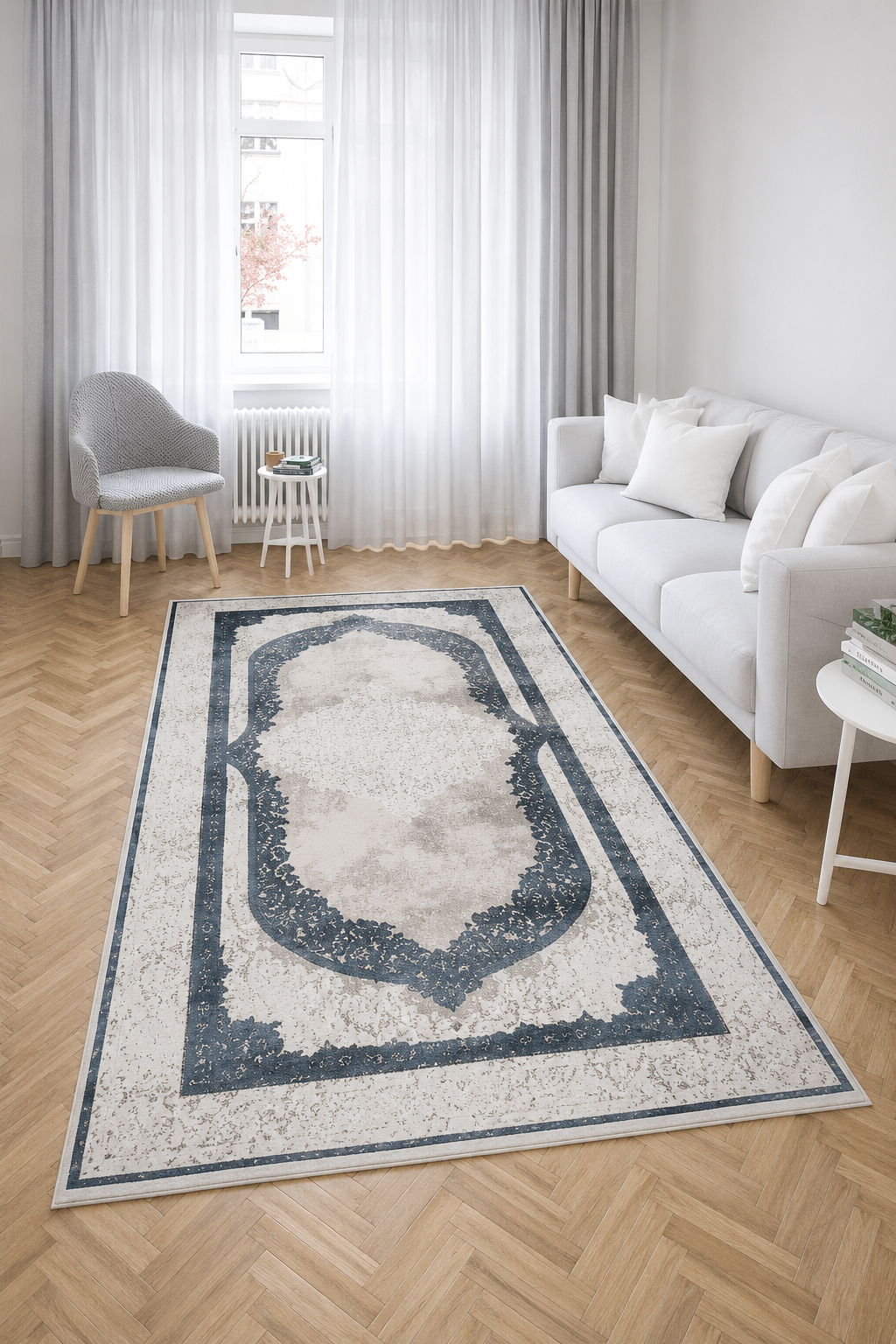 Nostalji Seri Lacivert Klasik Motifli Altı Kaymaz Makine Dokuma Halı | 13632