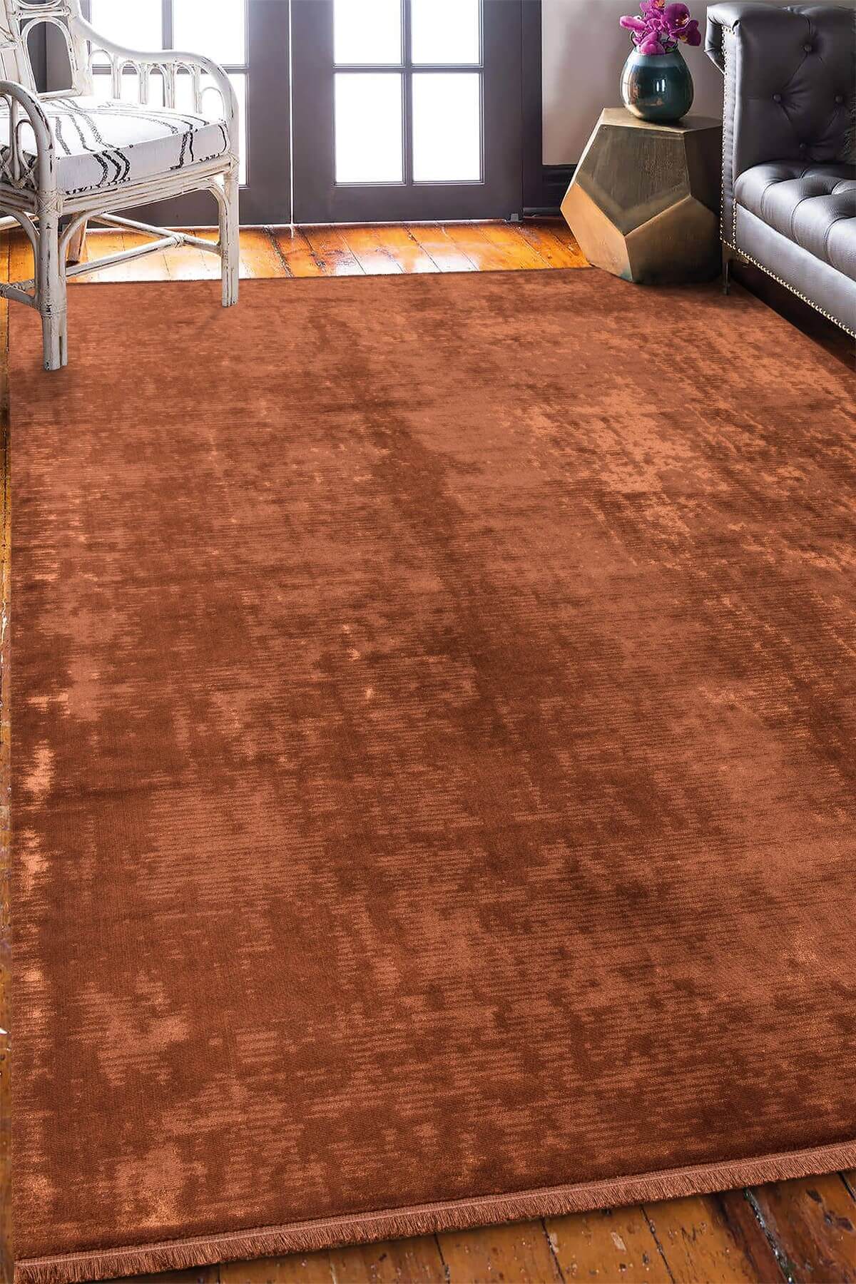 Oranj Rengi Vintage Bambu Altı Kaymaz Makine Dokuma Halı