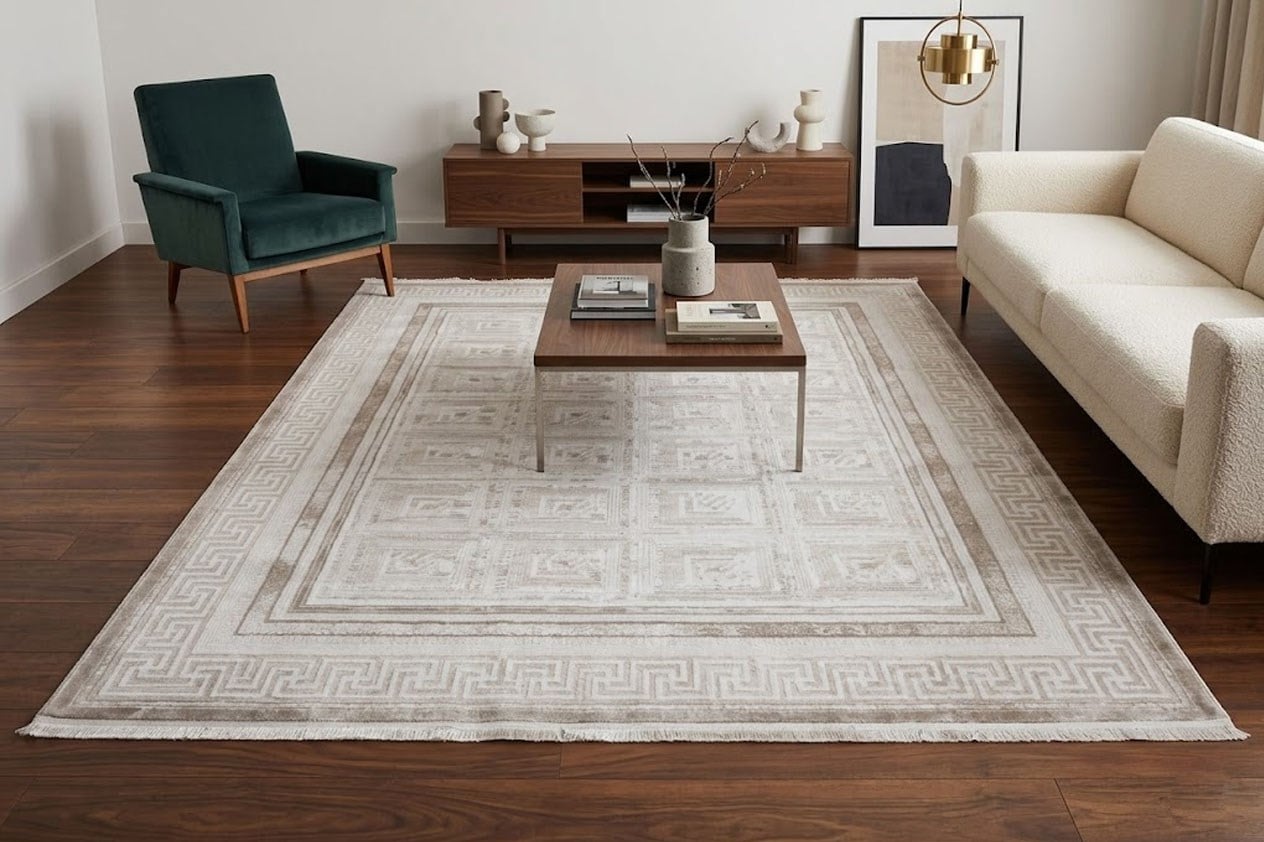 PARLA Serisi Kare Desenli Çerçeveli Krem Vizon Halı | LZ109A