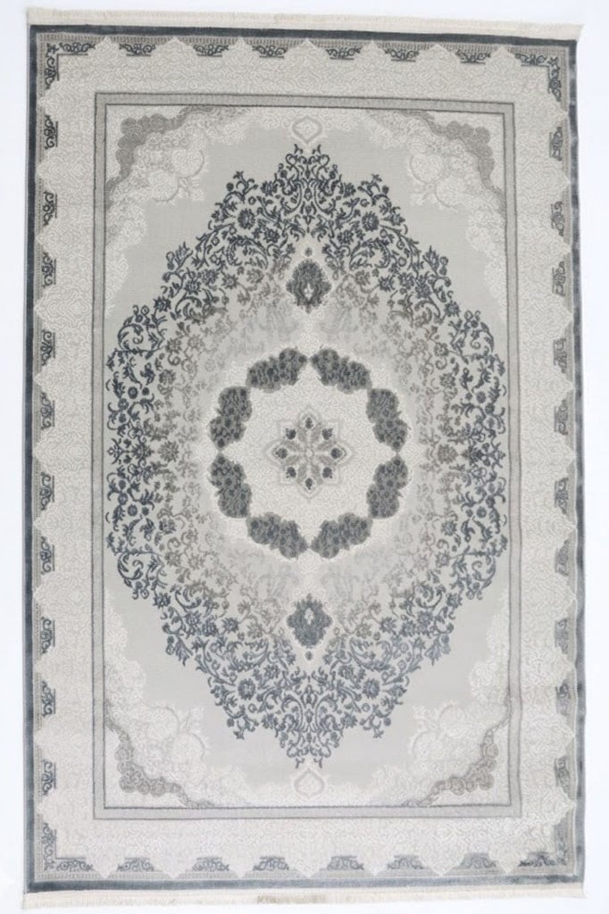 PARLA Serisi Klasik Göbekli Çerçeve Desenli Gri Mavi Halı | LZ193A