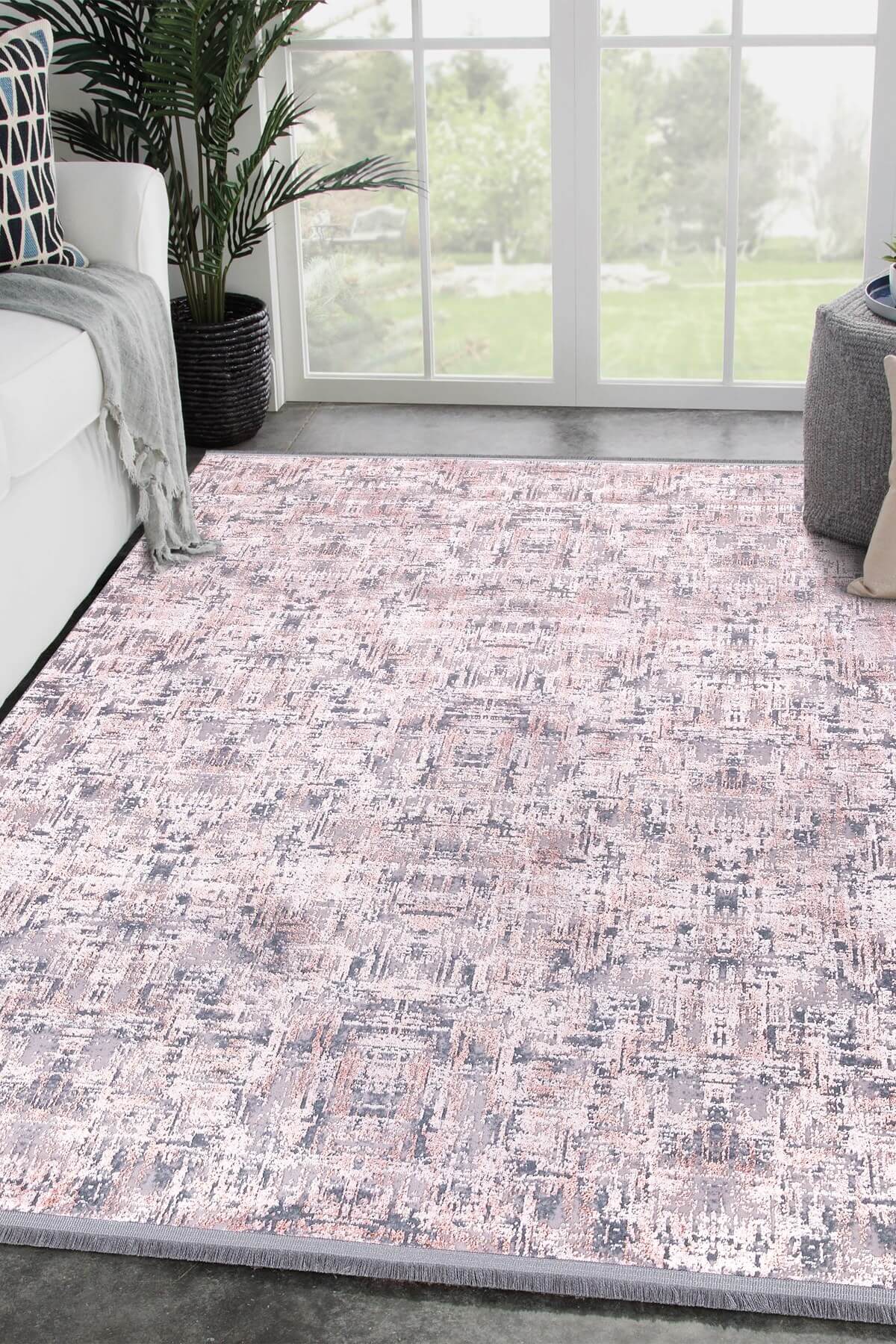 Pembe Renkli Parlak Altı Kaymaz İnce Makinede Yıkanabilir Halı