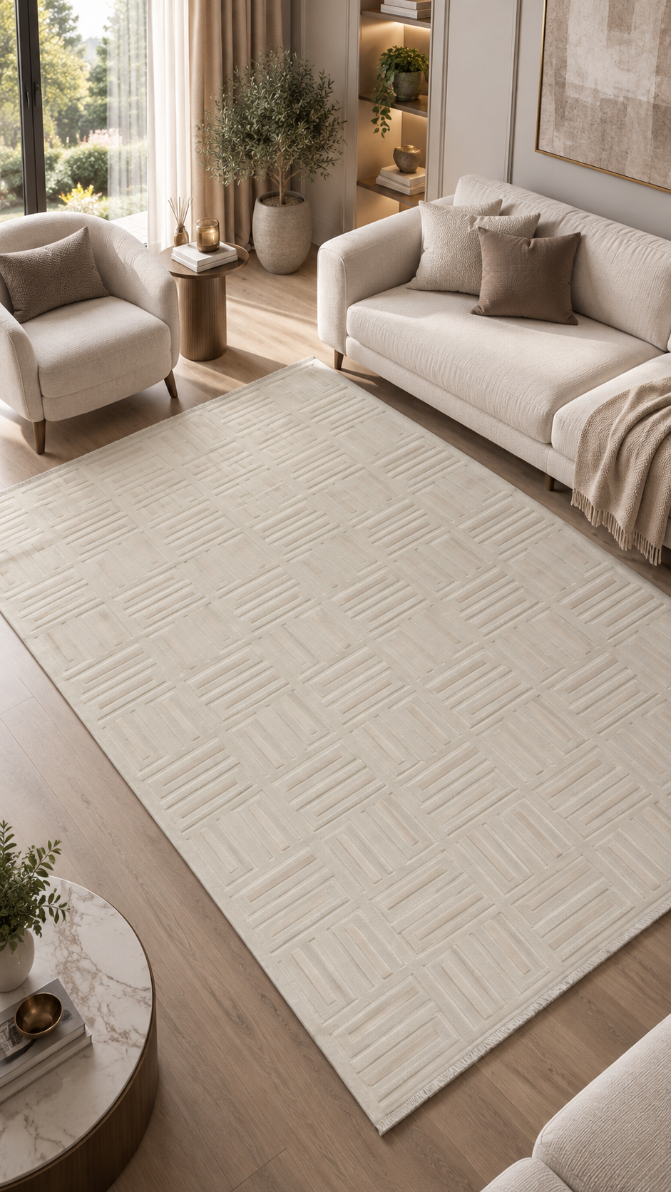 Silva Serisi Krem Bej Minimal Çizgili Modern Halı | LT517A