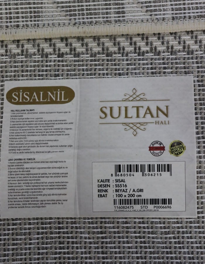 Sisal Nil Krem Kaymaz Tabanlı Yıkanabilir Hasır Dokuma Halı Beyaz A.Gri SS516