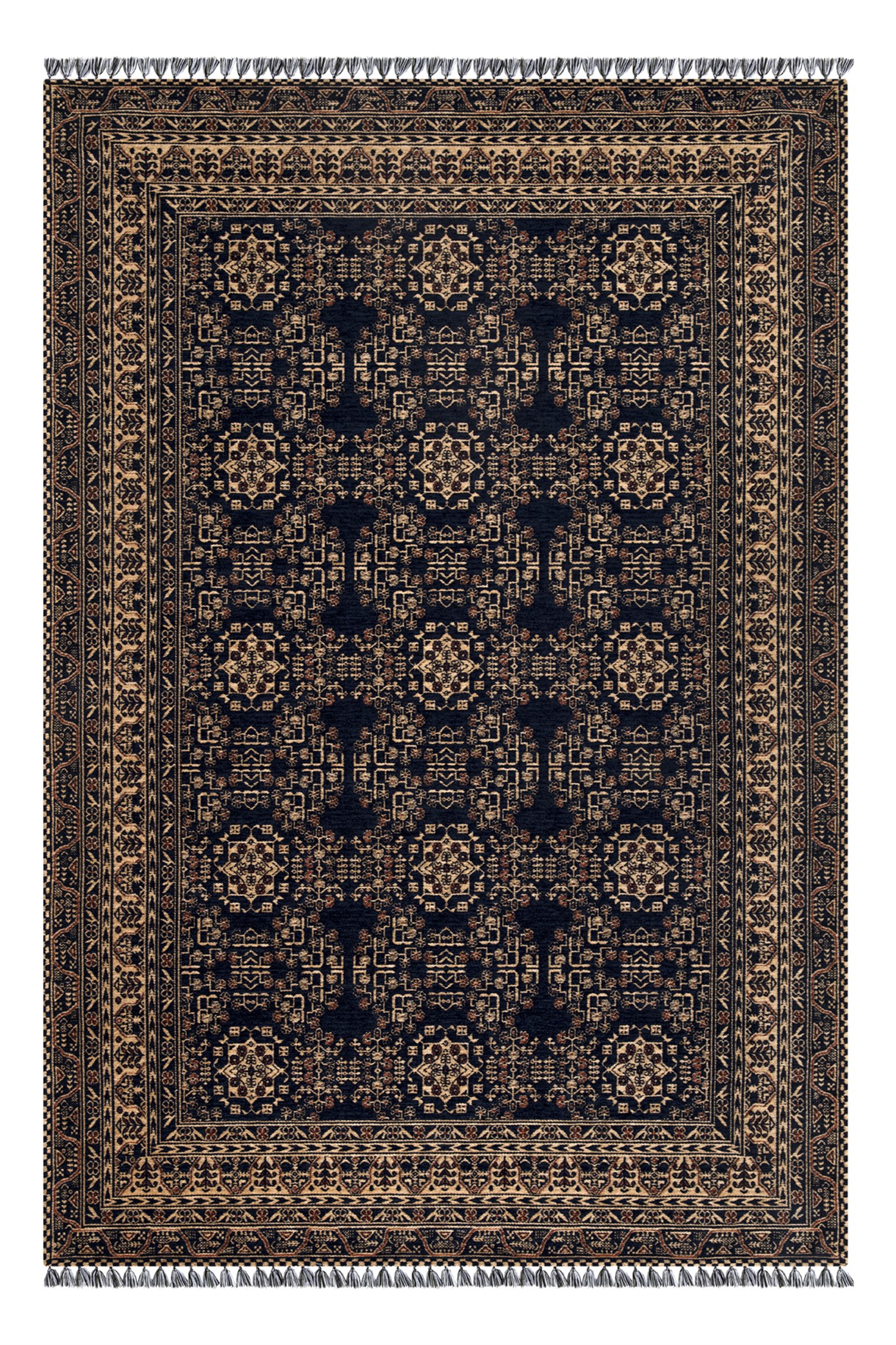 Siyah Renkli Afgan Tarzı Altı Kaymaz Yıkanabilir Şönil Kilim