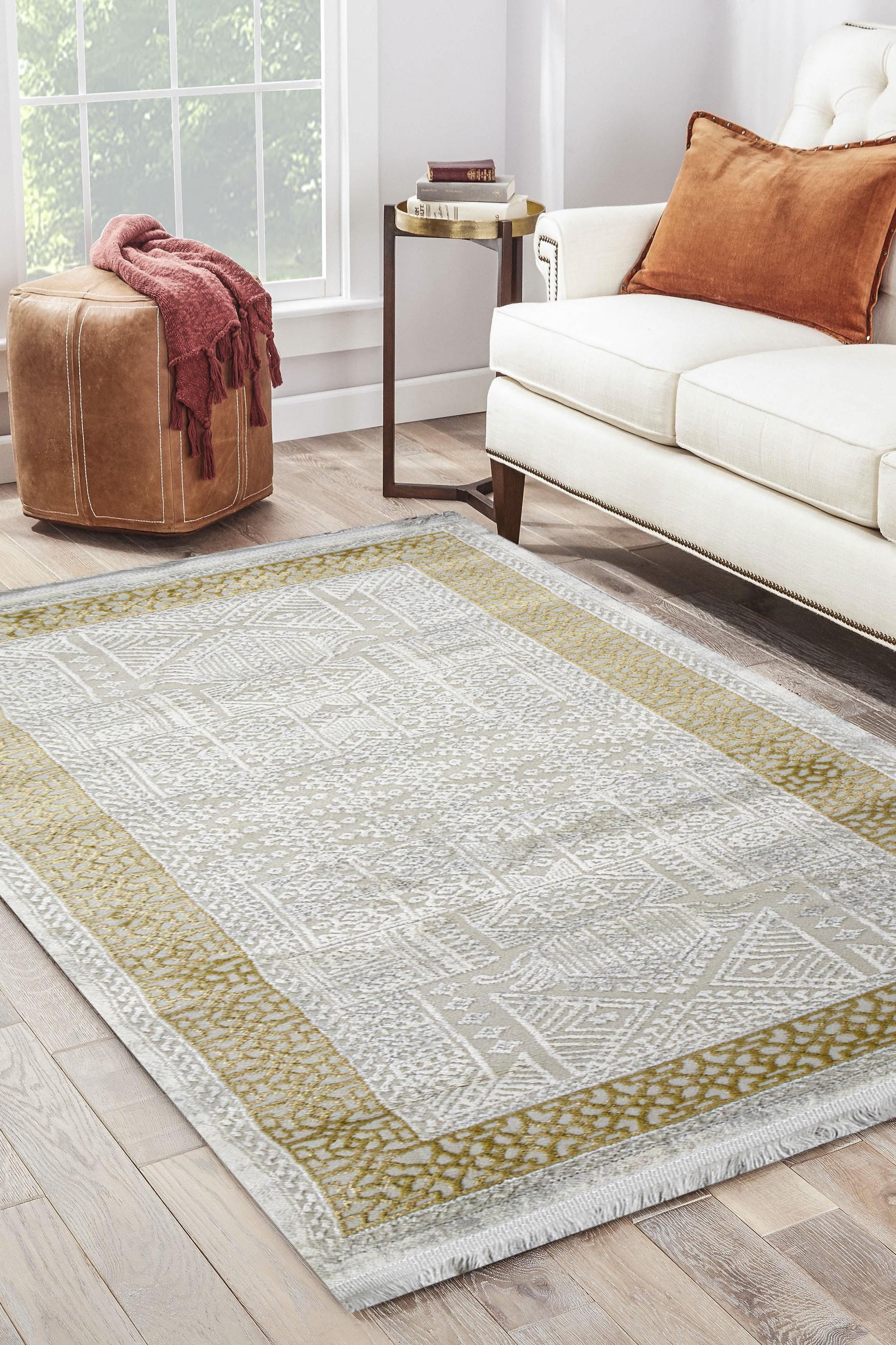 Sultan Erva Beyaz - Hardal Modern Akrilik Makine Dokuma Salon Halısı - 4202