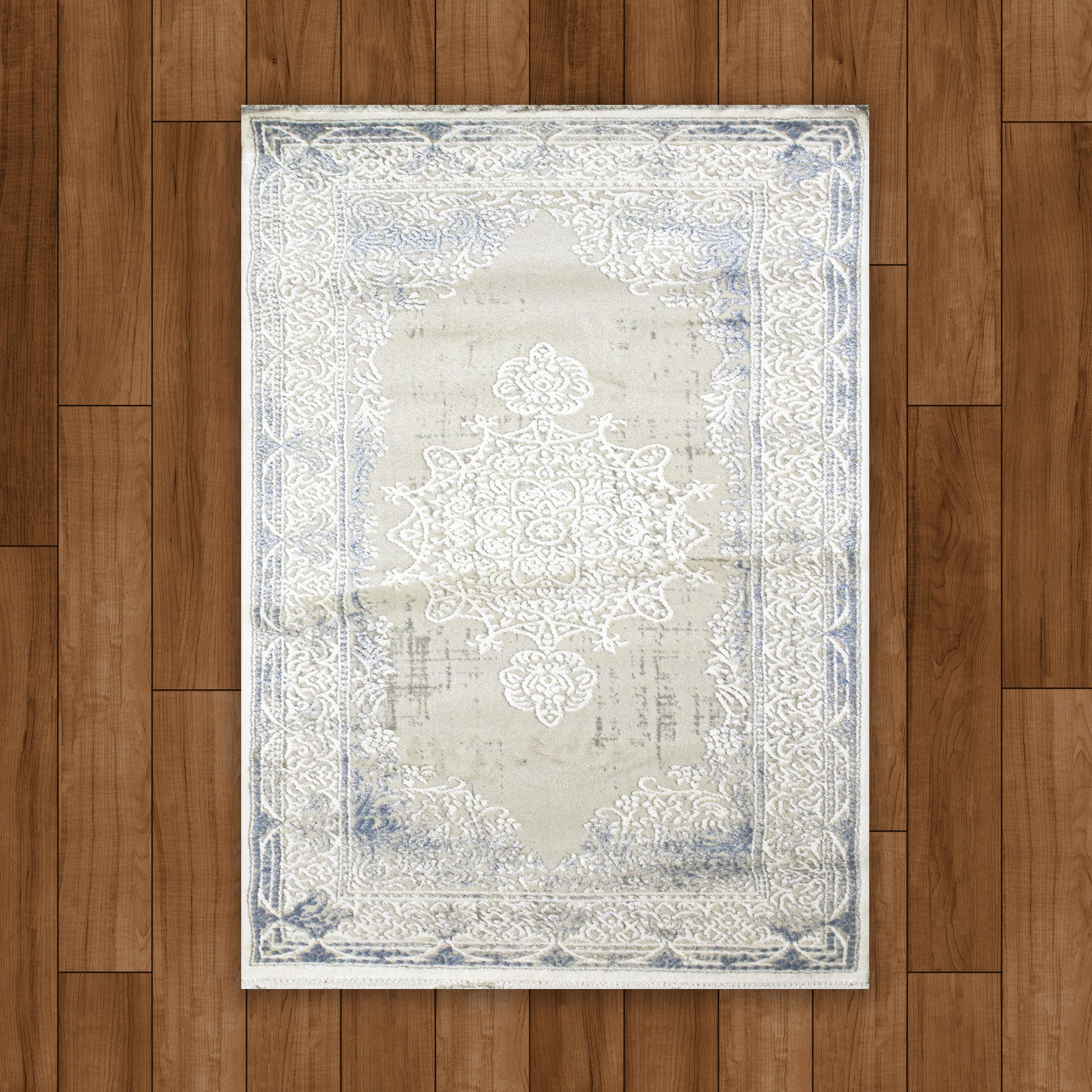 Sultan Erva Beyaz - Mavi Modern Akrilik Makine Dokuma Salon Halısı - 4201