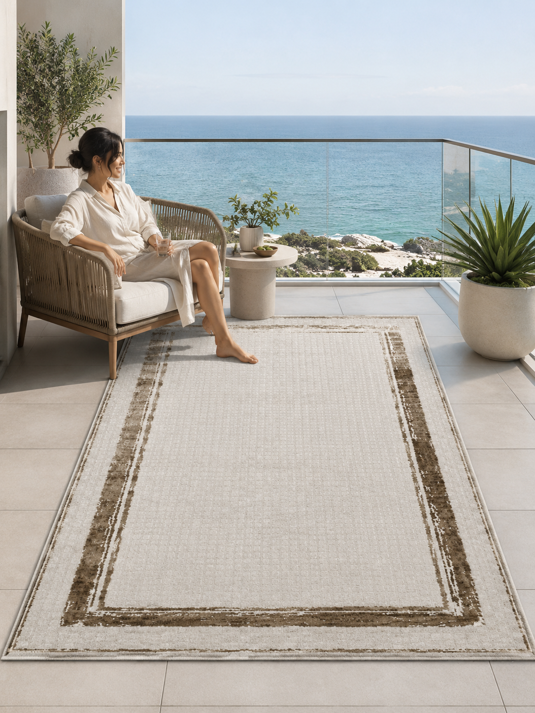 Sultan Zen Çerçeveli Desen Vizon Modern Akrilik Makine Dokuma Salon Halısı - 6601