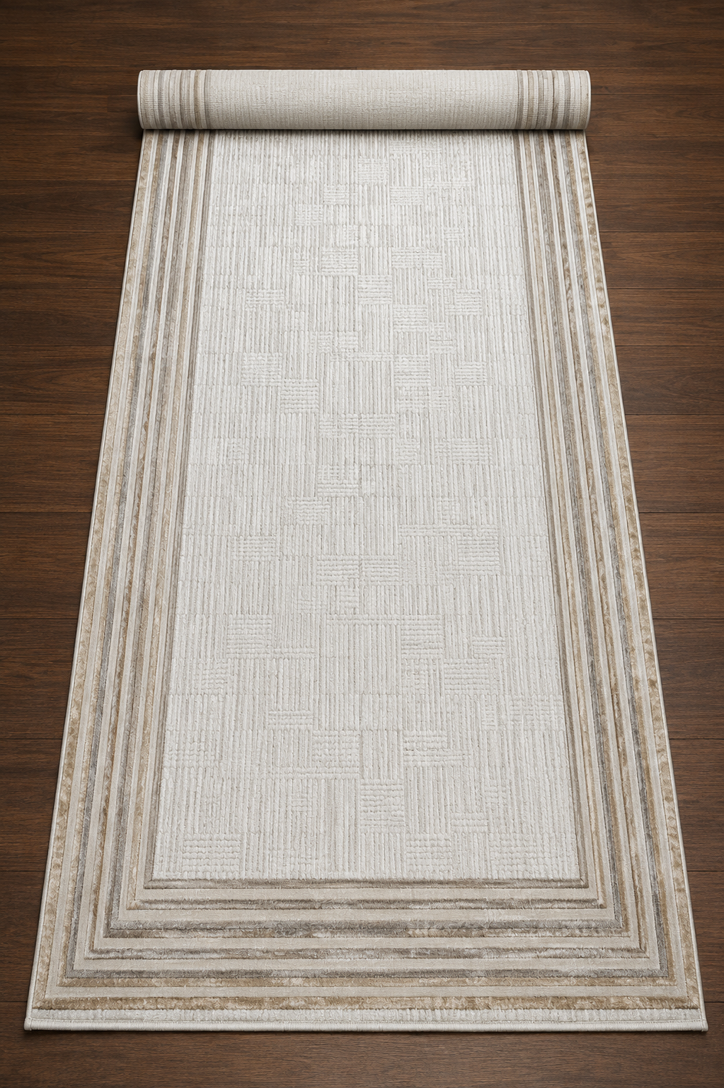 Sultan Zen Çizgili Çerçeveli Desen Vizon Modern Akrilik Makine Dokuma Salon Halısı - 6608
