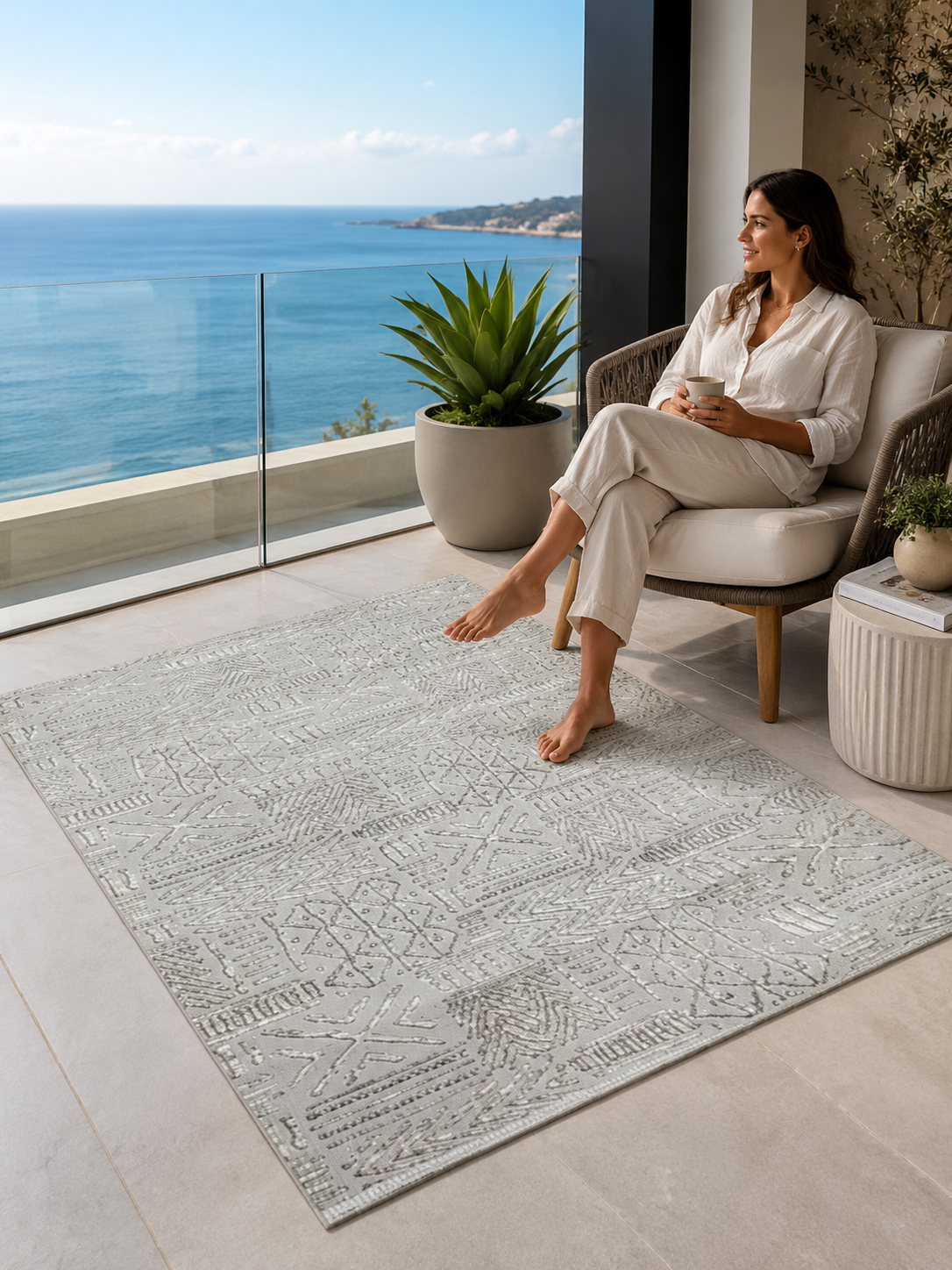 Sultan Zen Etnik Desen Gri Modern Akrilik Makine Dokuma Salon Halısı - 6709