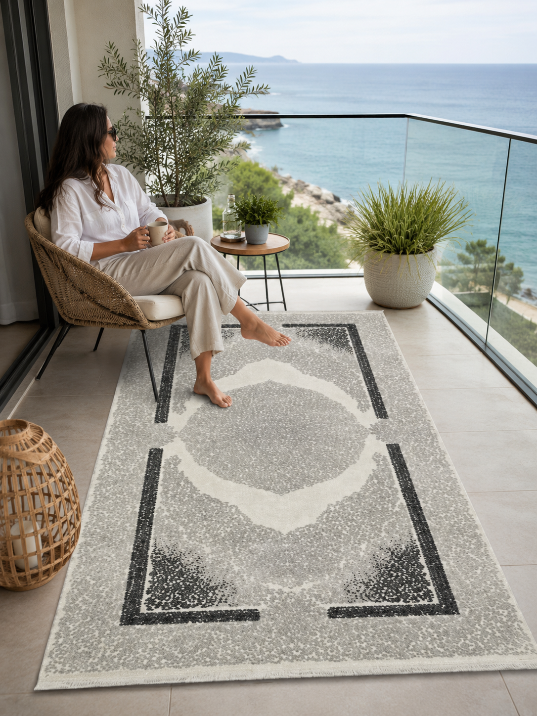 Sultan Zen Göbekli Desen Gri Modern Akrilik Makine Dokuma Salon Halısı - 6428