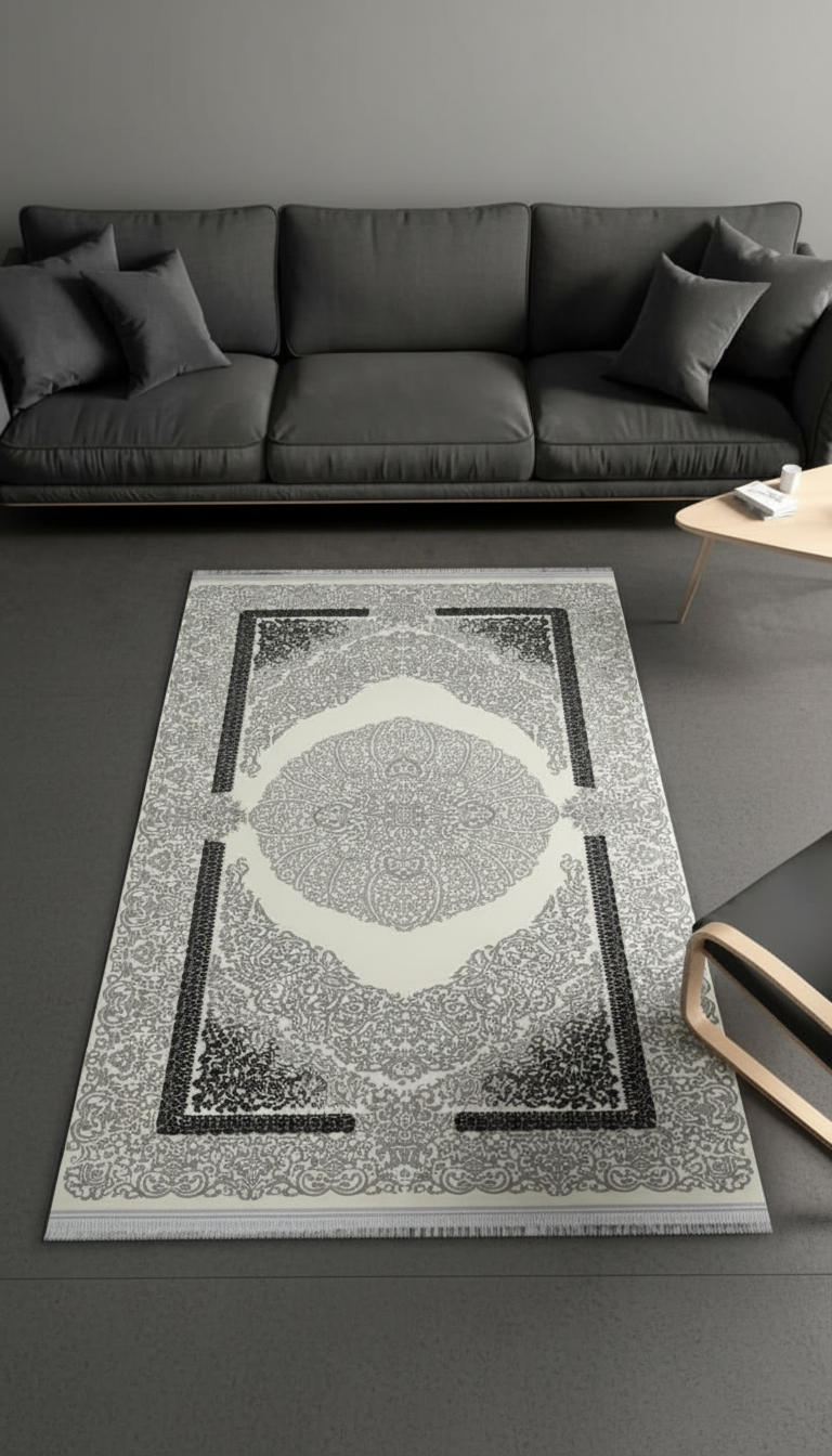 Sultan Zen Göbekli Desen Gri Modern Akrilik Makine Dokuma Salon Halısı - 6428