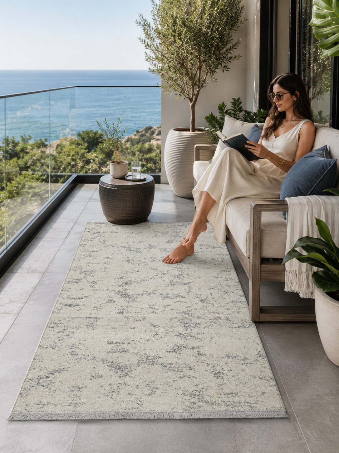 Sultan Zen Mermer Desen Krem Modern Akrilik Makine Dokuma Salon Halısı - 6416
