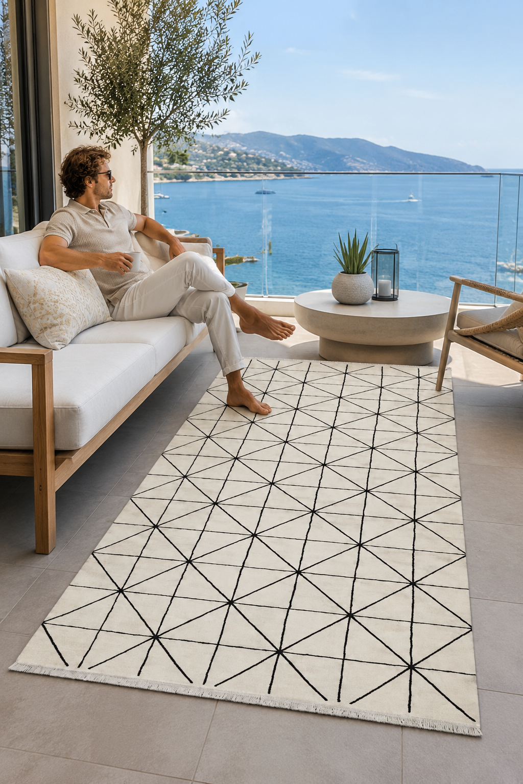 Sultan Zen Piramit Desen Krem Modern Akrilik Makine Dokuma Salon Halısı - 6422