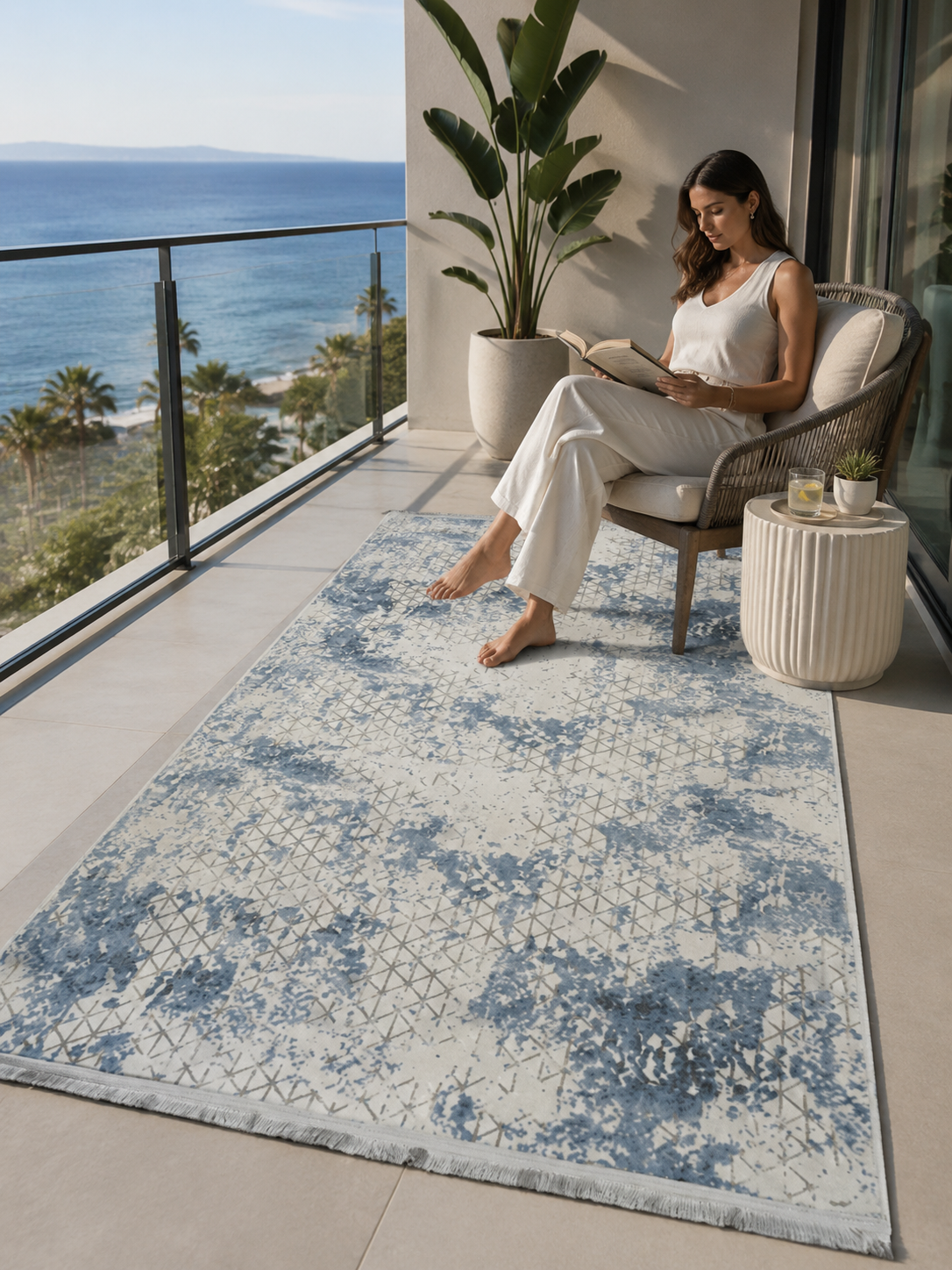 Sultan Zen Piramit Desen Mavi Modern Akrilik Makine Dokuma Salon Halısı - 6303