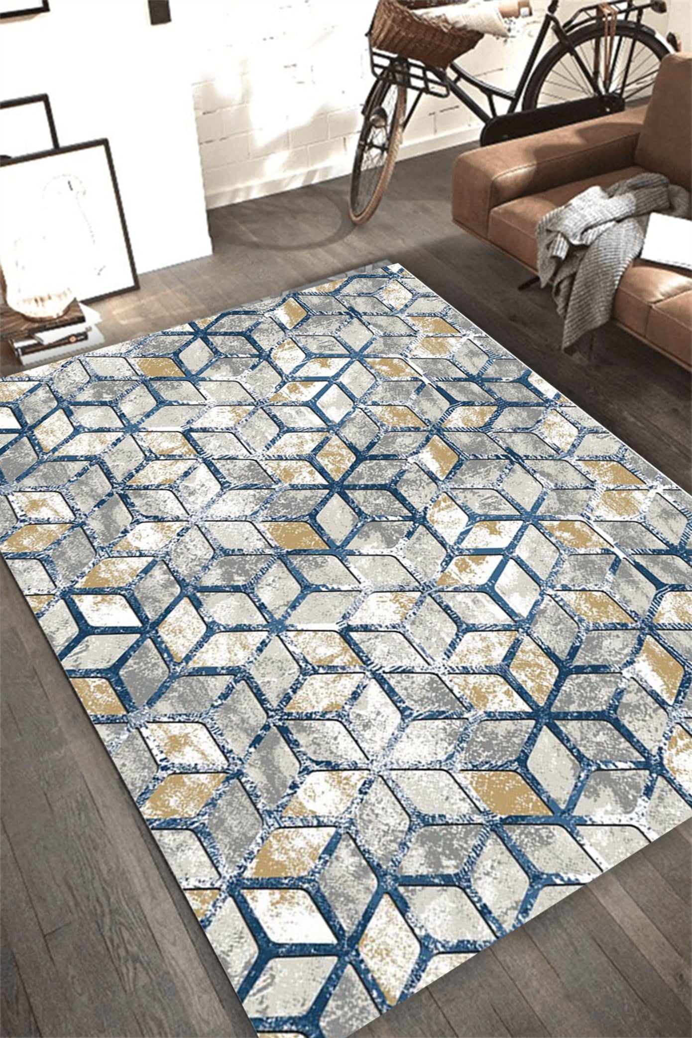 Vitra Mavi Yıkanabilir Kaymaz Desenli Halı