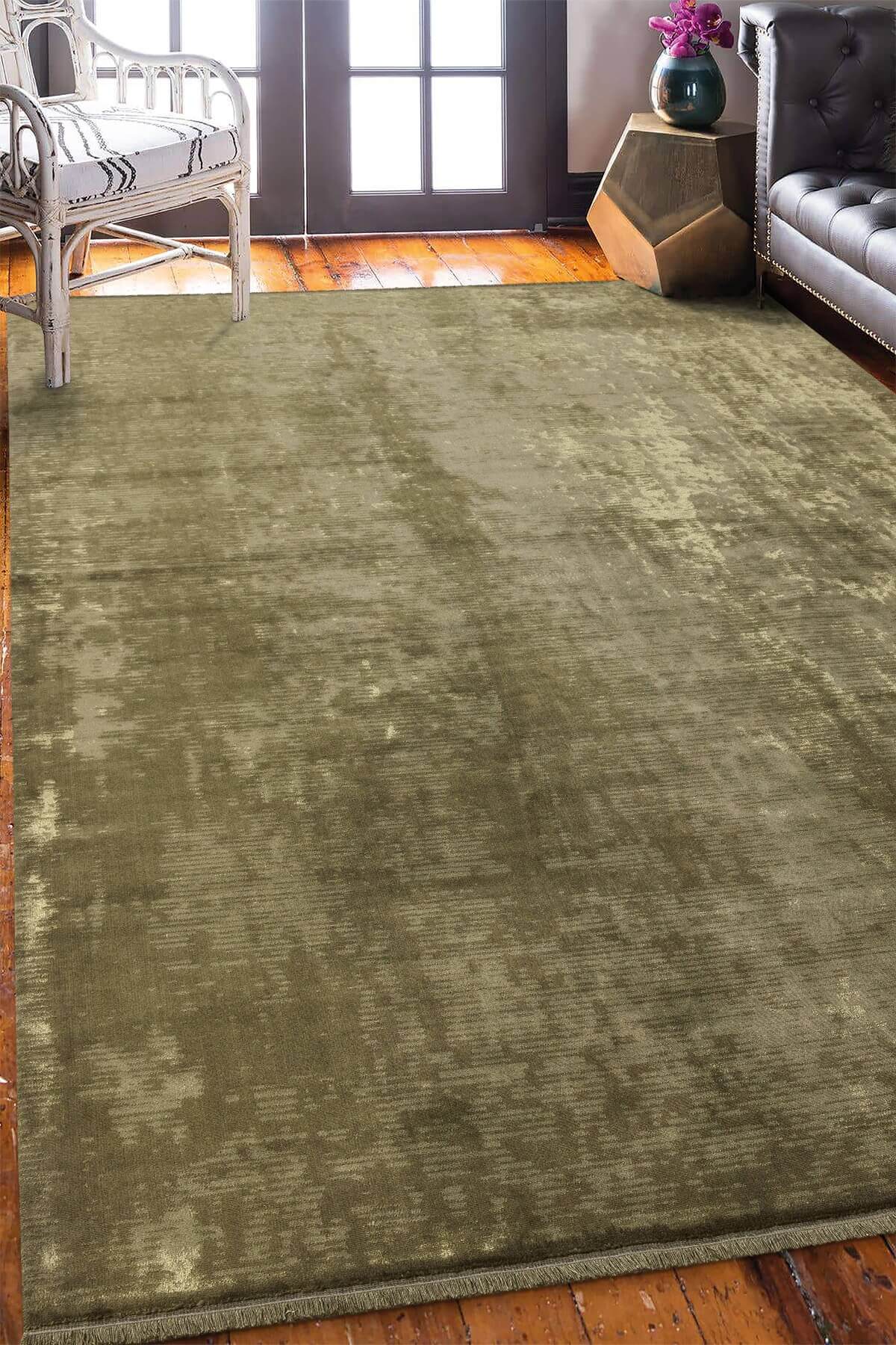 Yeşil Rengi Vintage Bambu Altı Kaymaz Makine Dokuma Halı